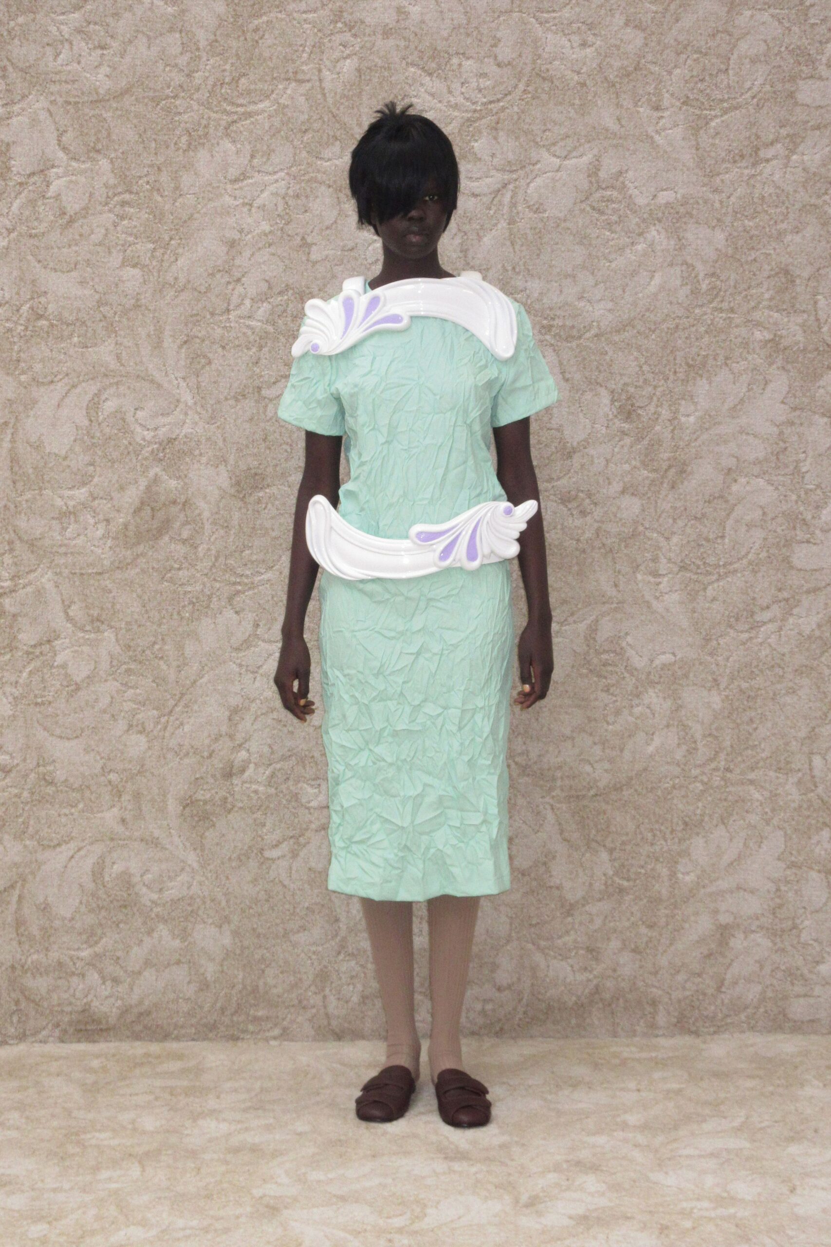 green cotton short-sleeve scoop-neck fitted pleated draped dress