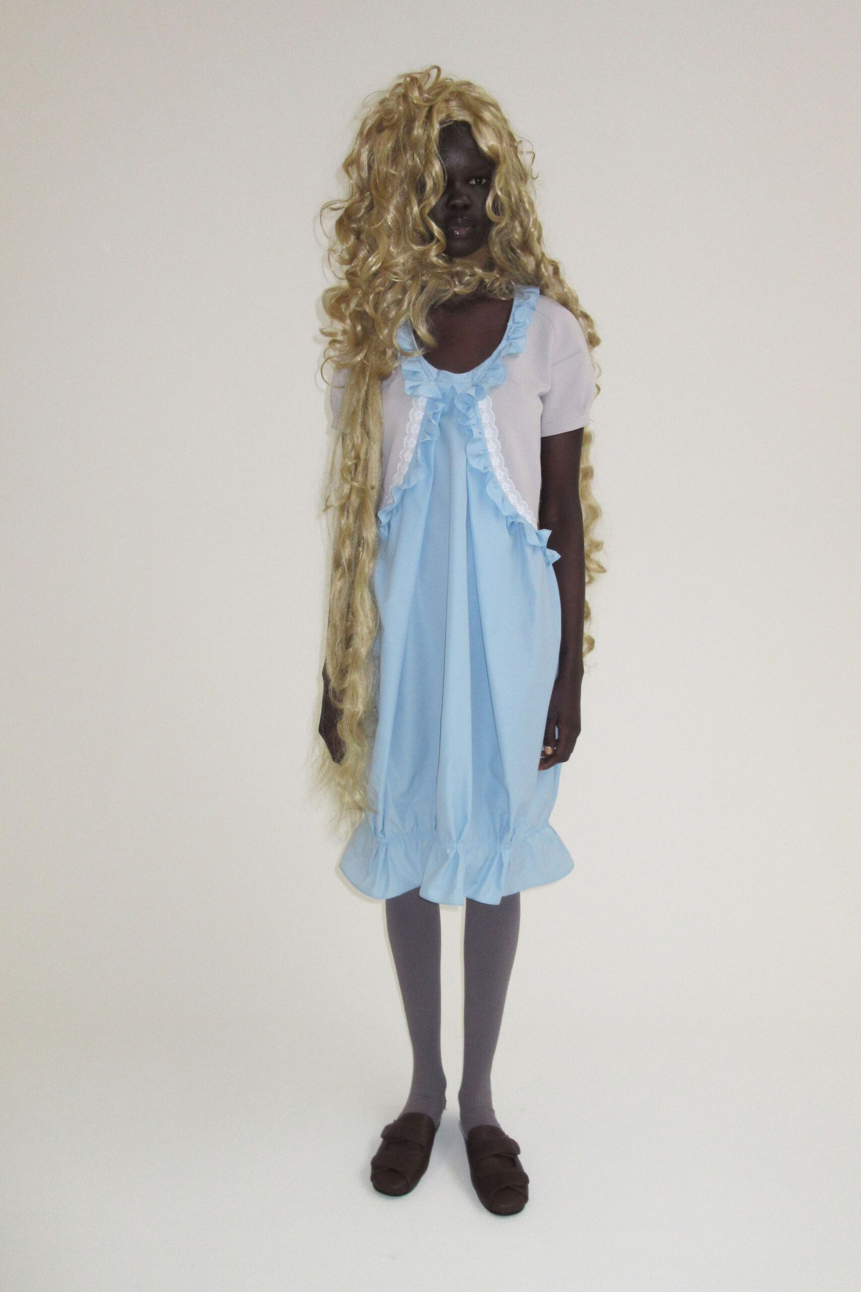 blue cotton sleeveless collared relaxed ruffled short dress
