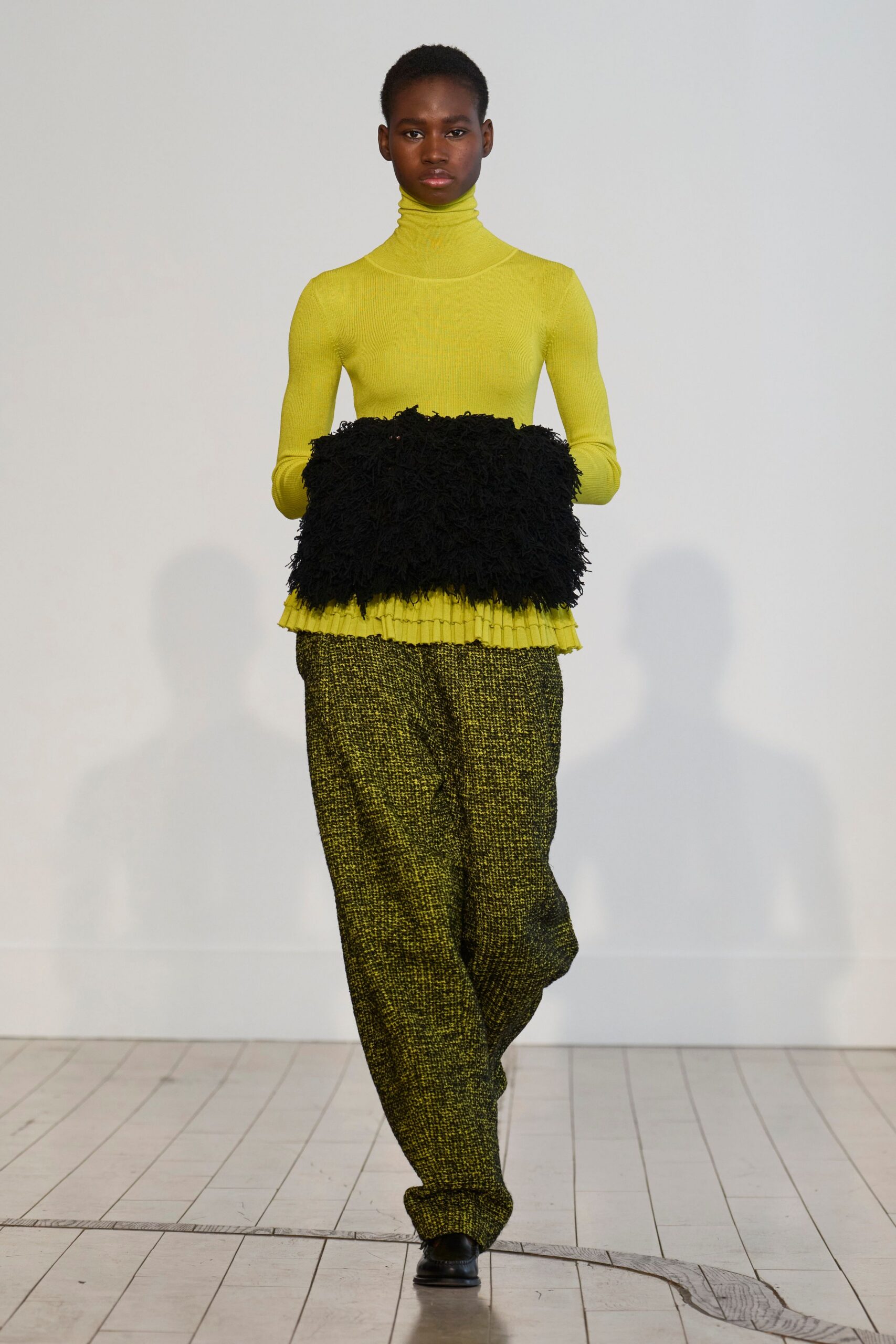 yellow knit long-sleeve turtleneck fitted pleated top