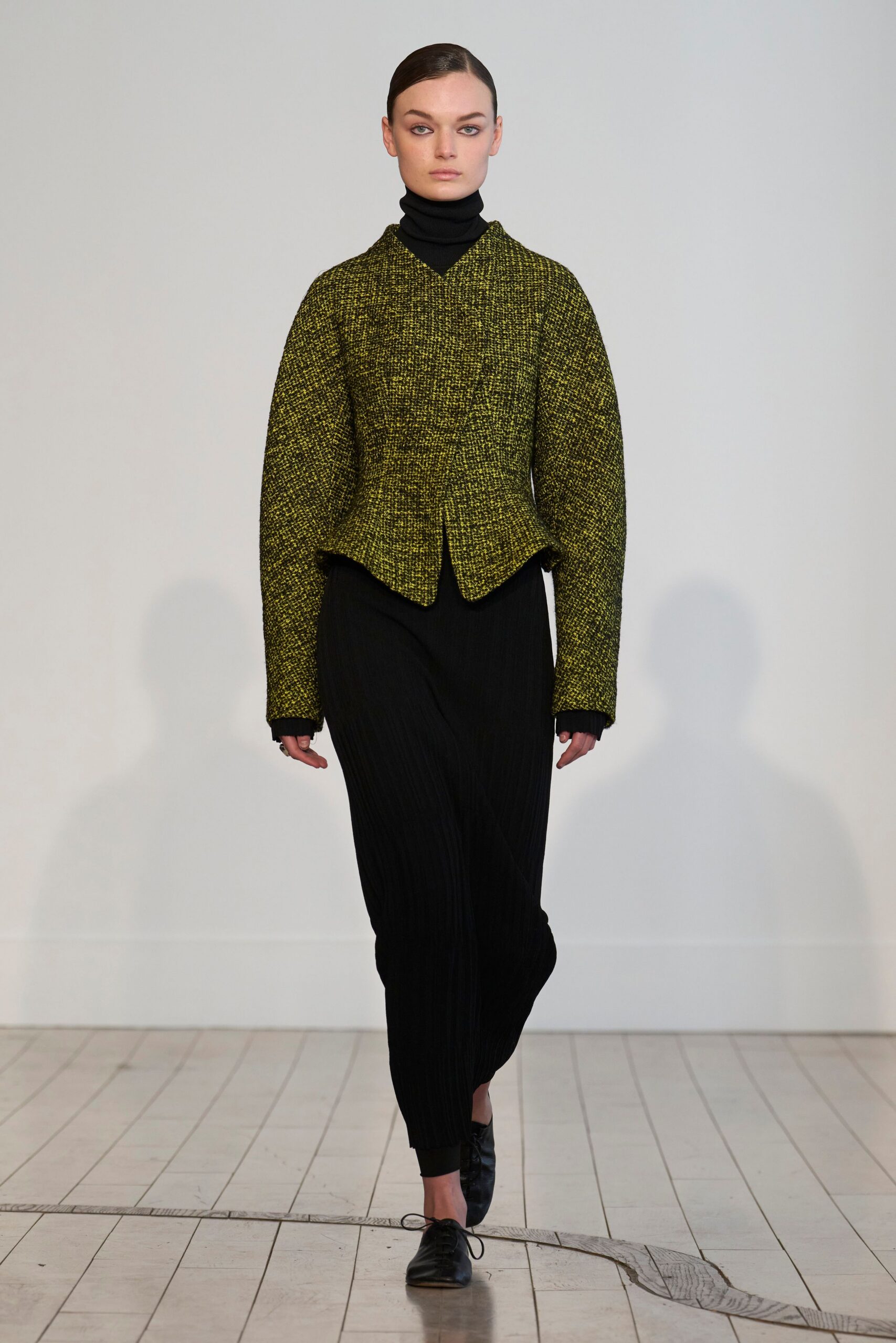 yellow tweed long-sleeve collared structured buttoned jacket