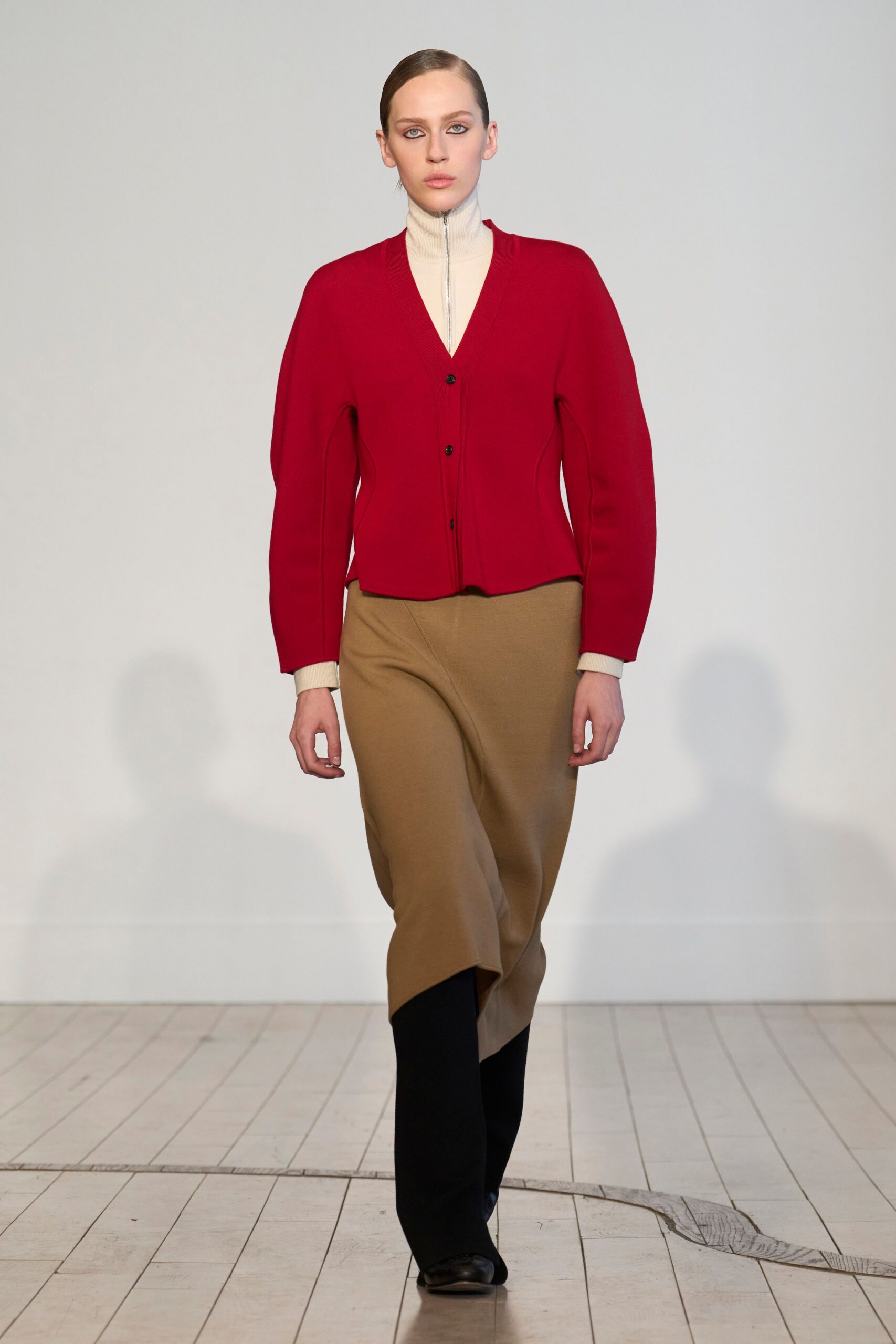 red long-sleeve collared fitted cardigan