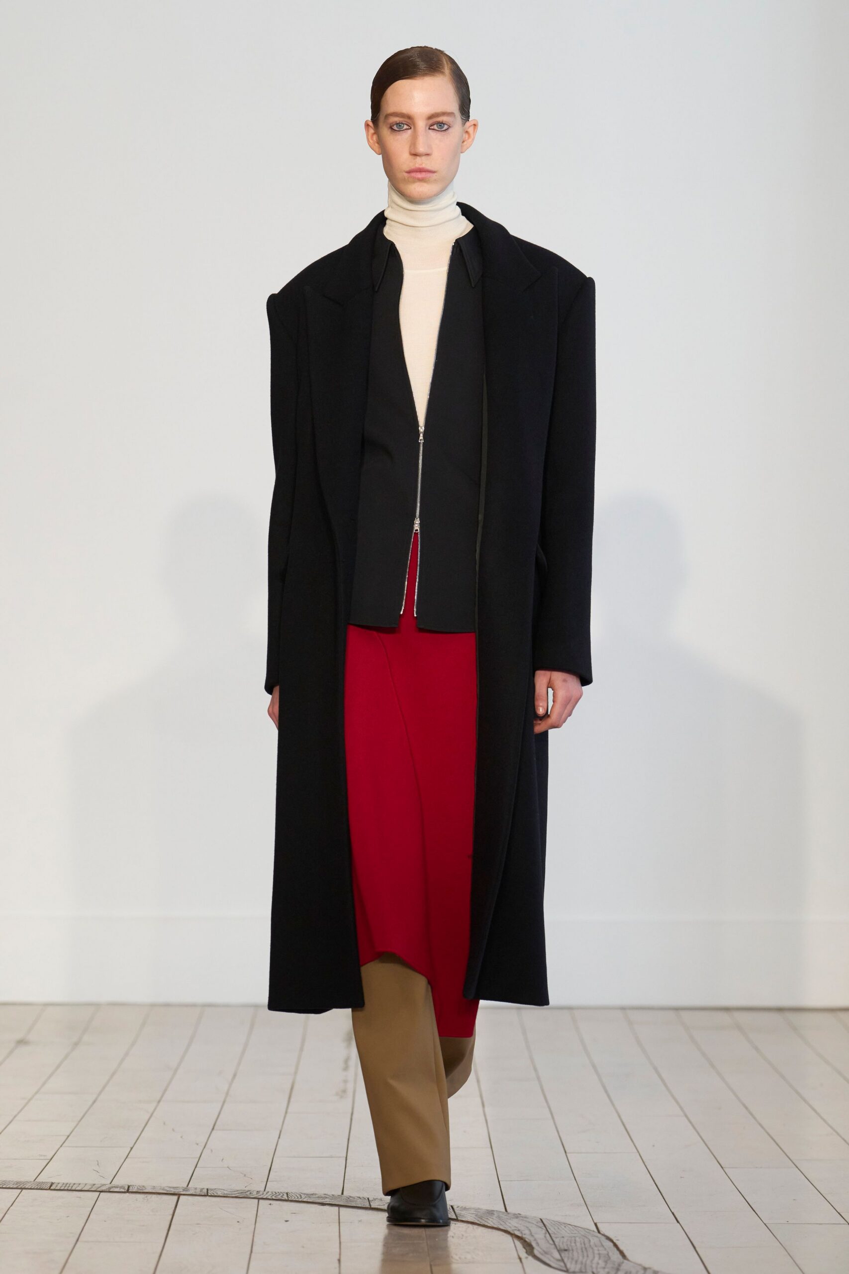 red wool asymmetric fitted midi skirt