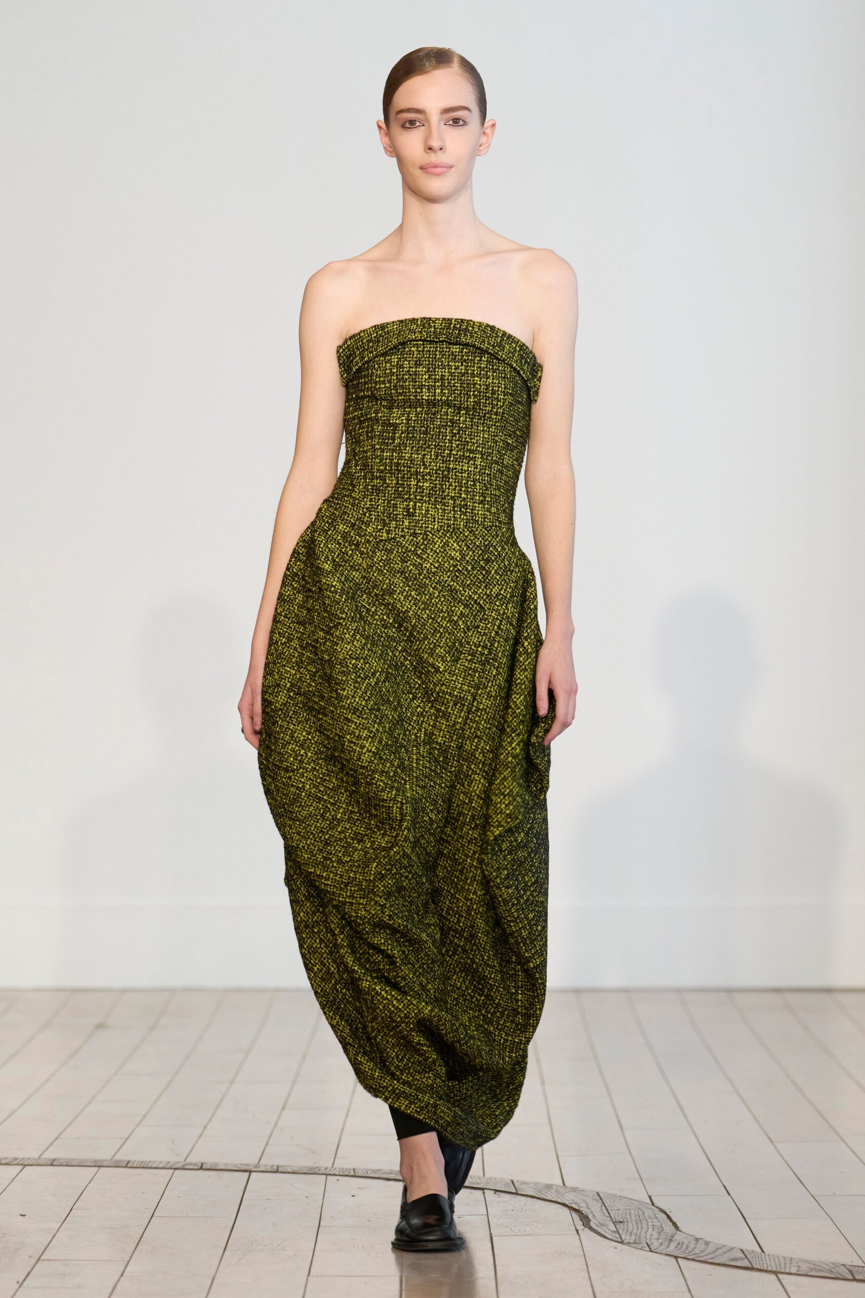 green cotton strapless fitted draped gown