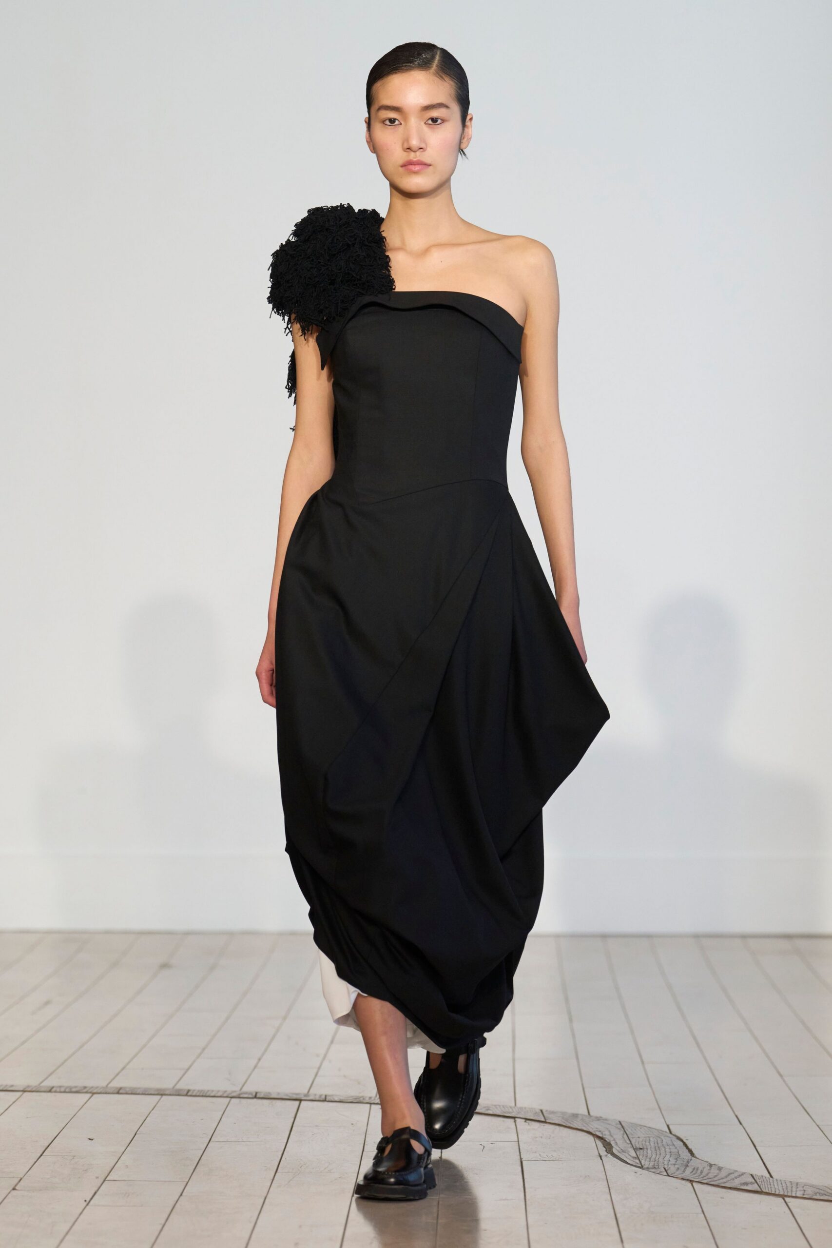 black cotton strapless fitted draped ruffled midi dress