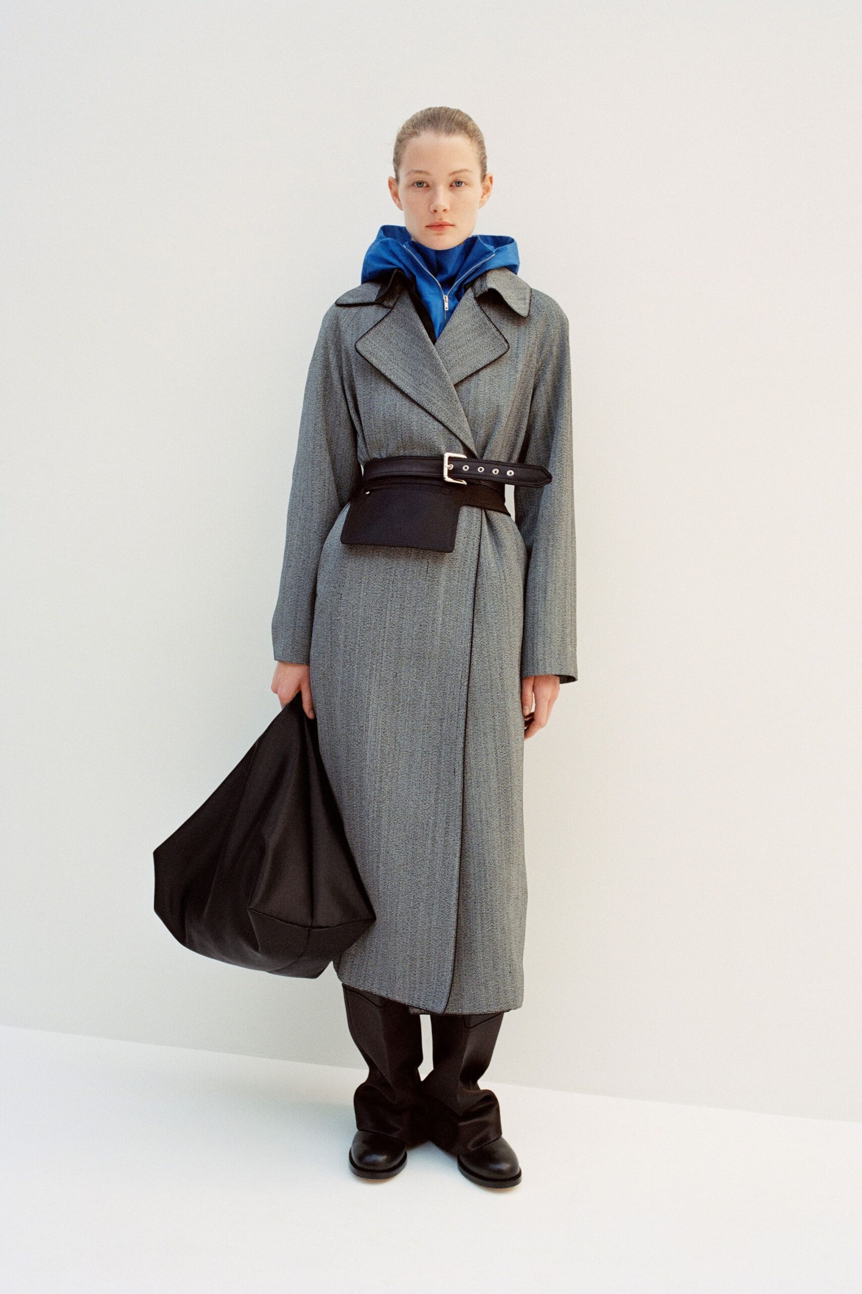 gray wool long-sleeve collared relaxed belted midi coat