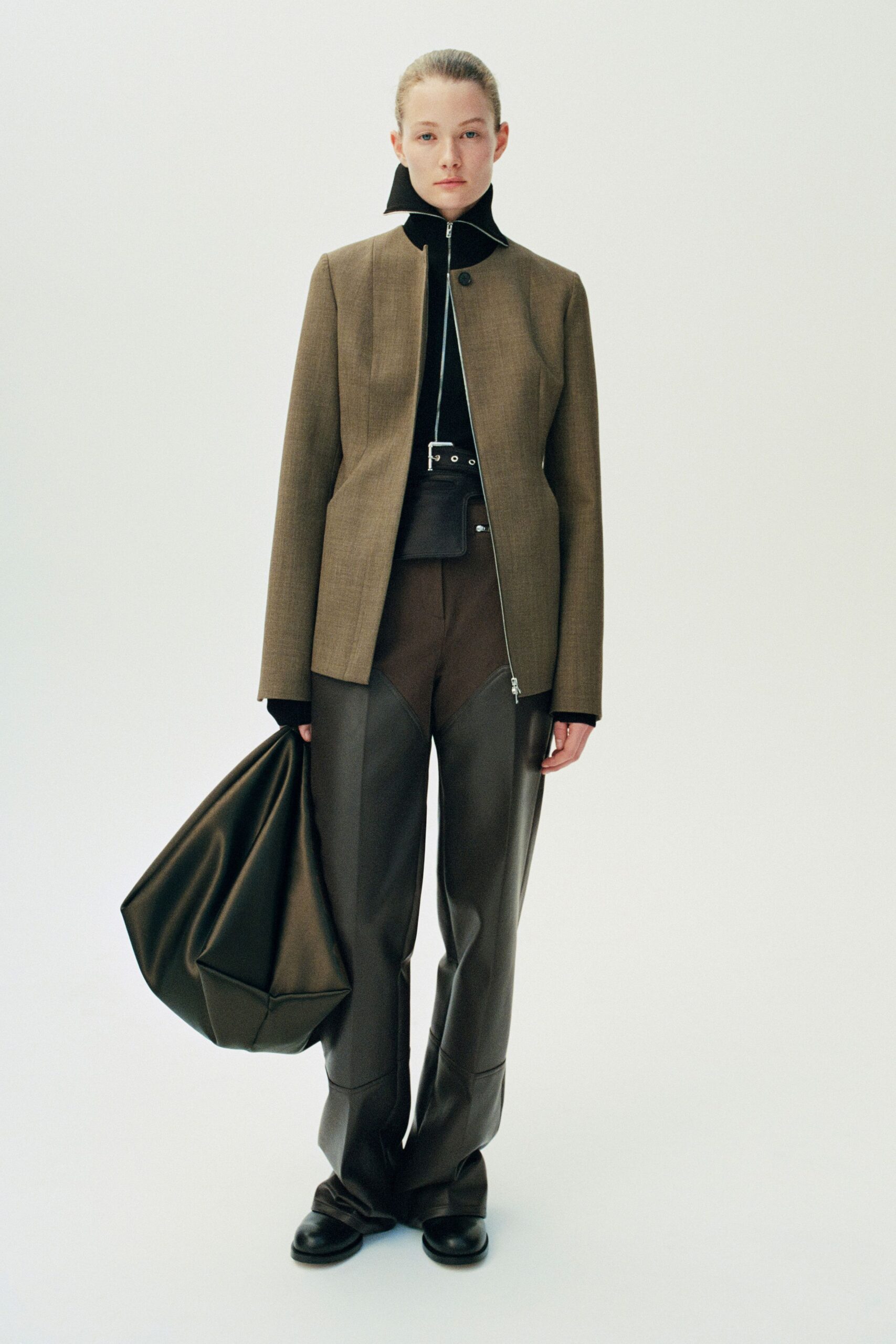brown leather tailored straight-leg pants
