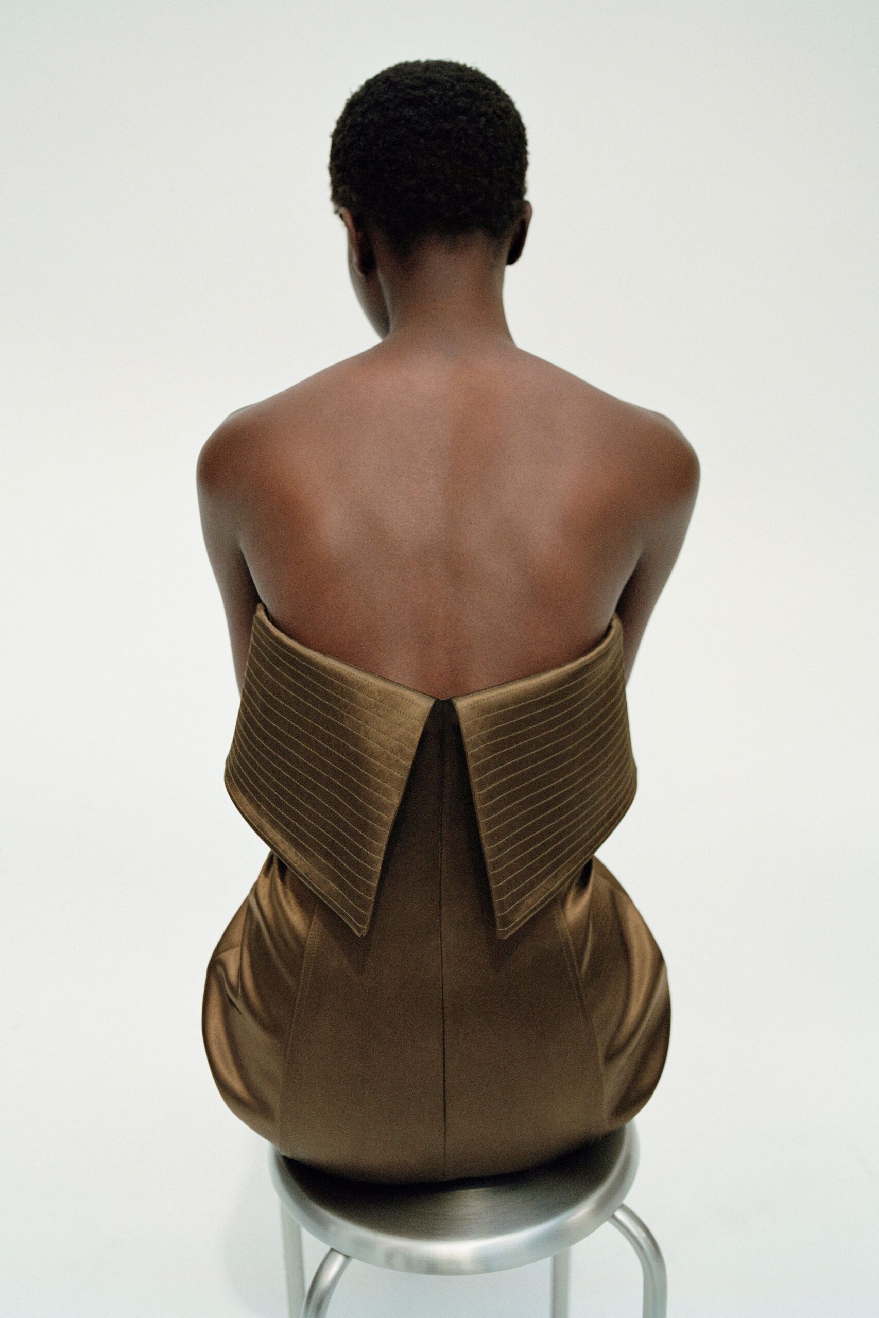 brown silk strapless gown