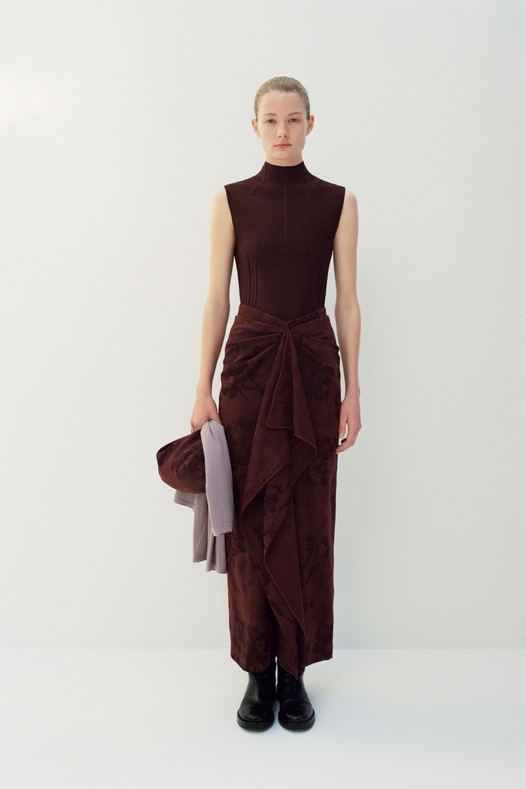 maroon cotton sleeveless high-neck fitted draped maxi gown