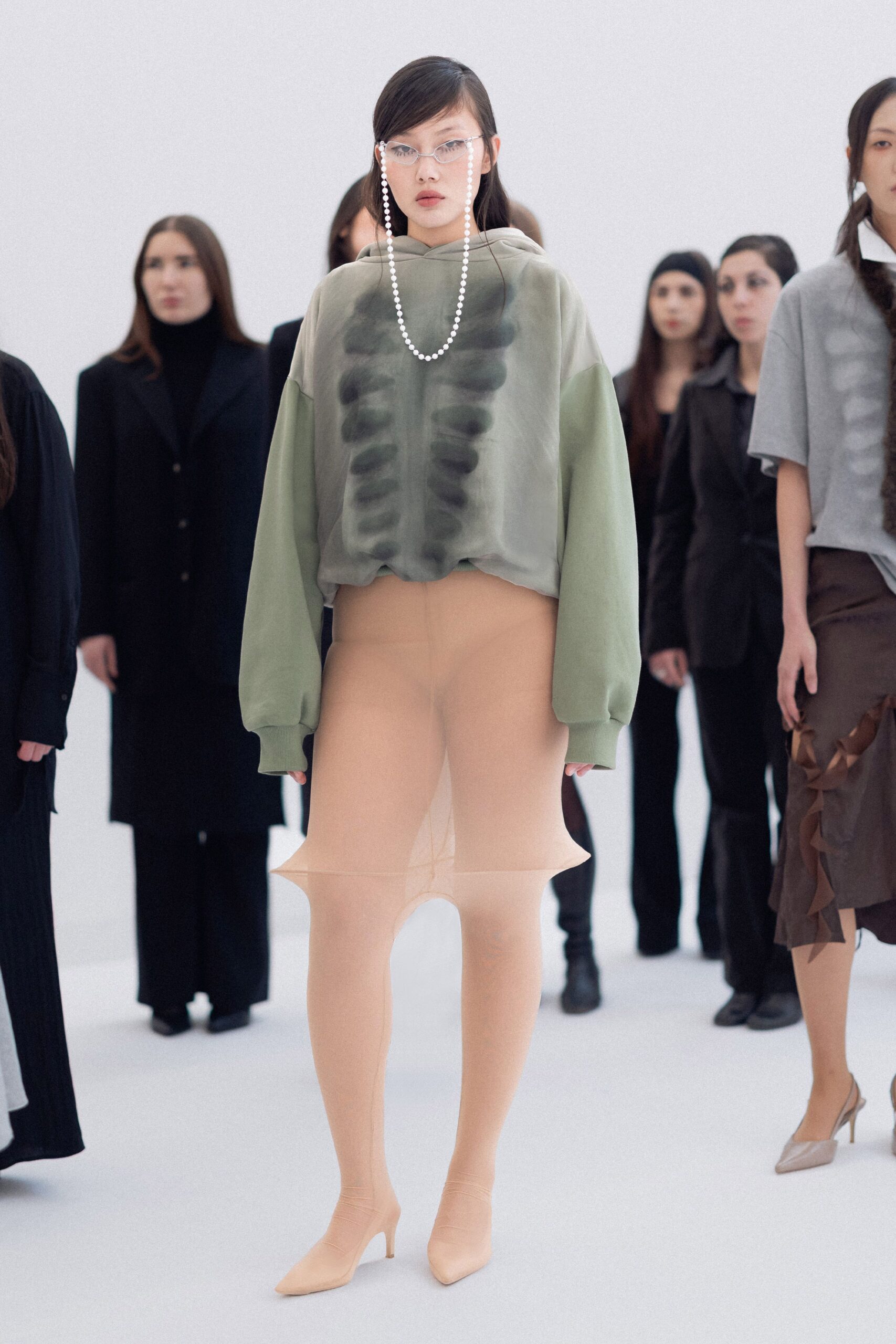 green cotton long-sleeve oversized draped top
