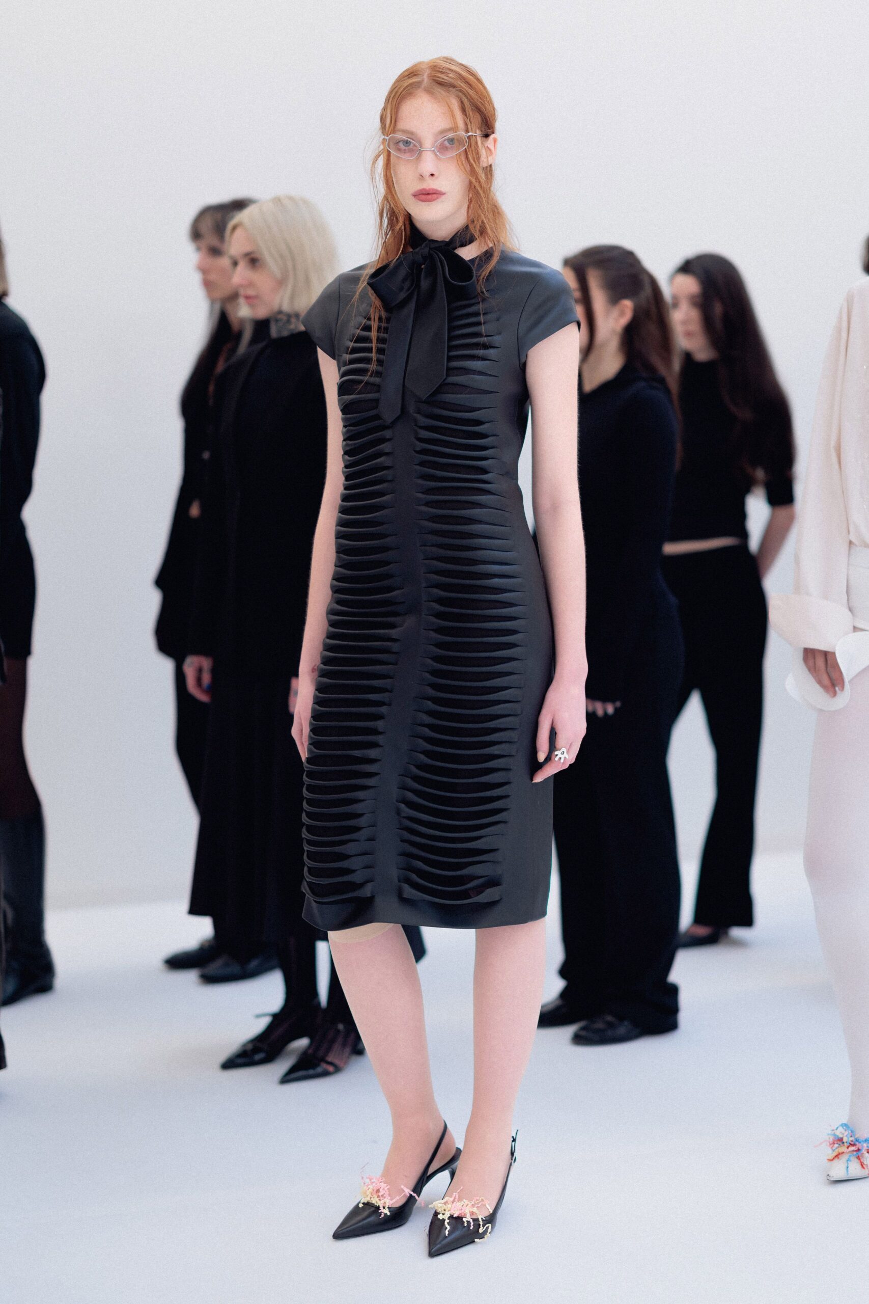 black silk short-sleeve v-neck fitted pleated midi dress