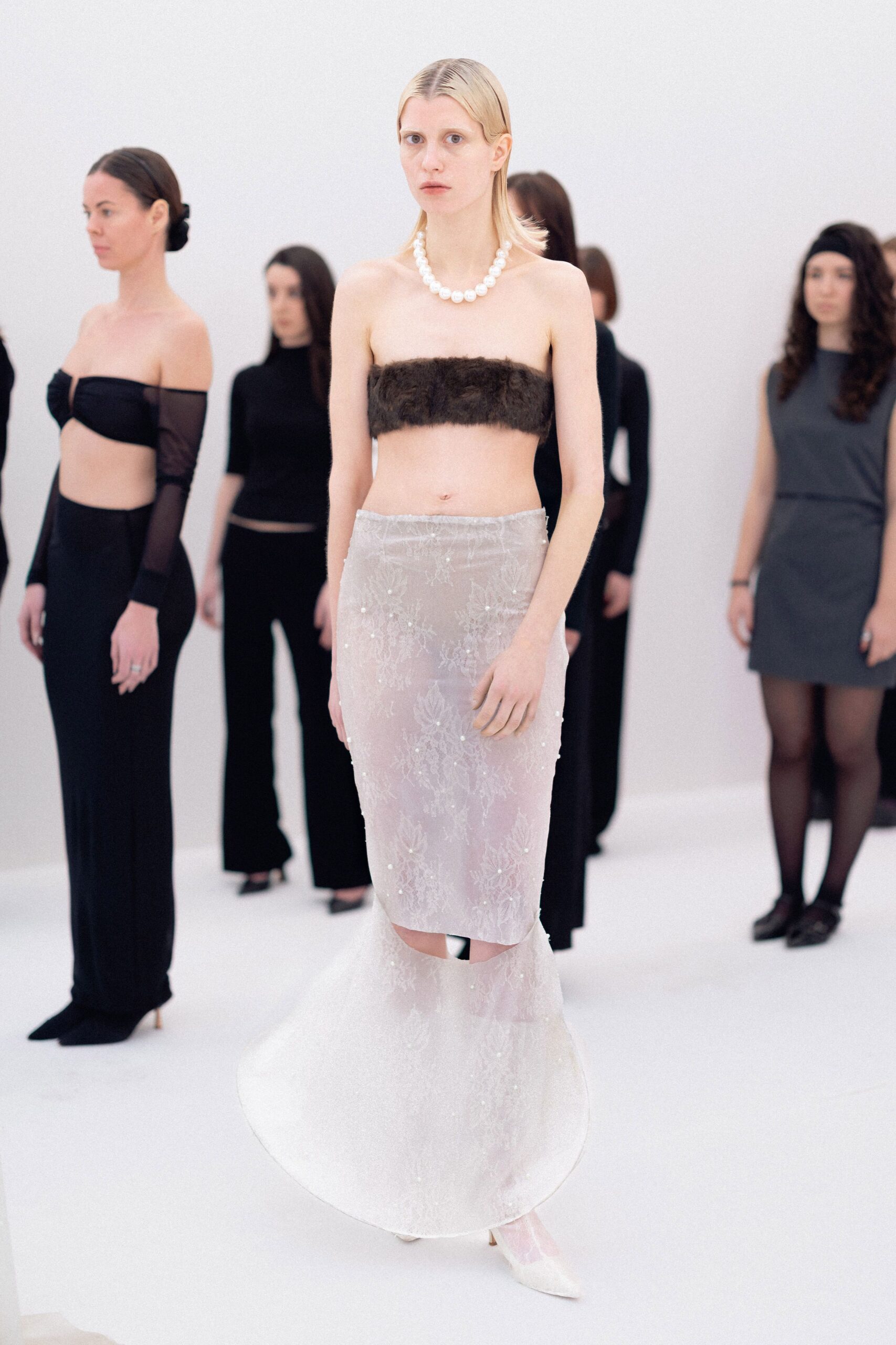 white silk high-neck fitted embroidered sheer maxi skirt