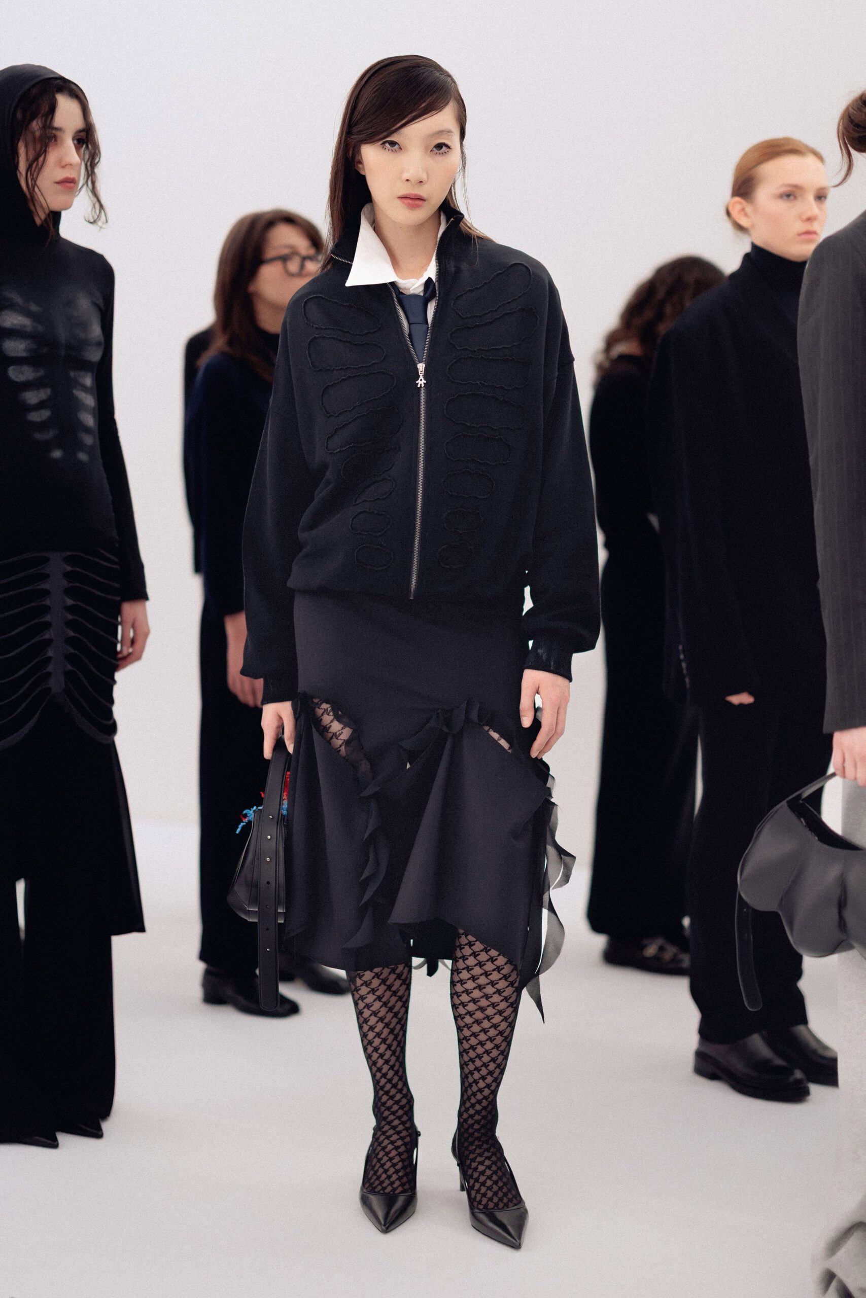 black cotton asymmetric fitted ruffled skirt