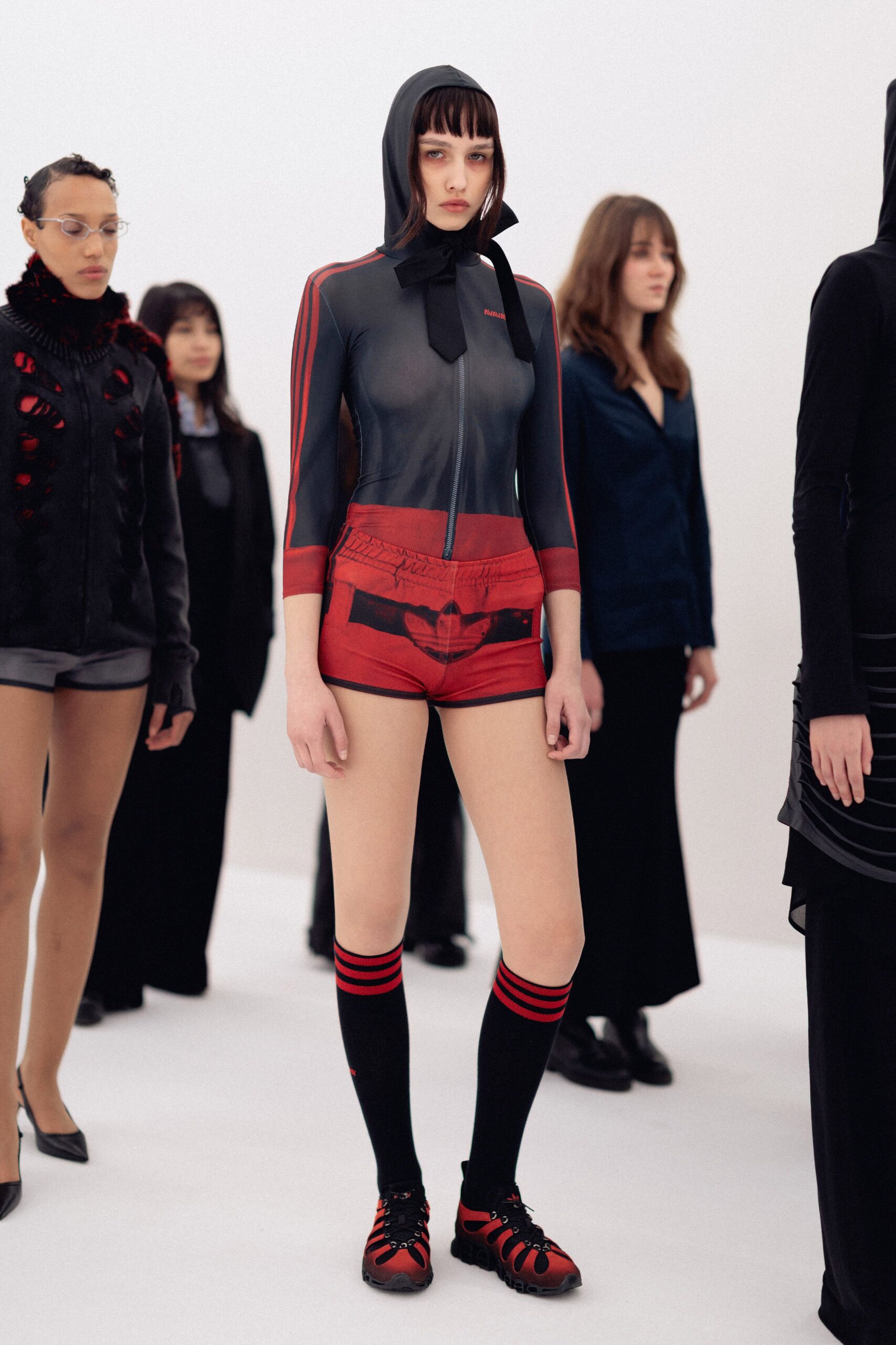 red neoprene fitted short shorts