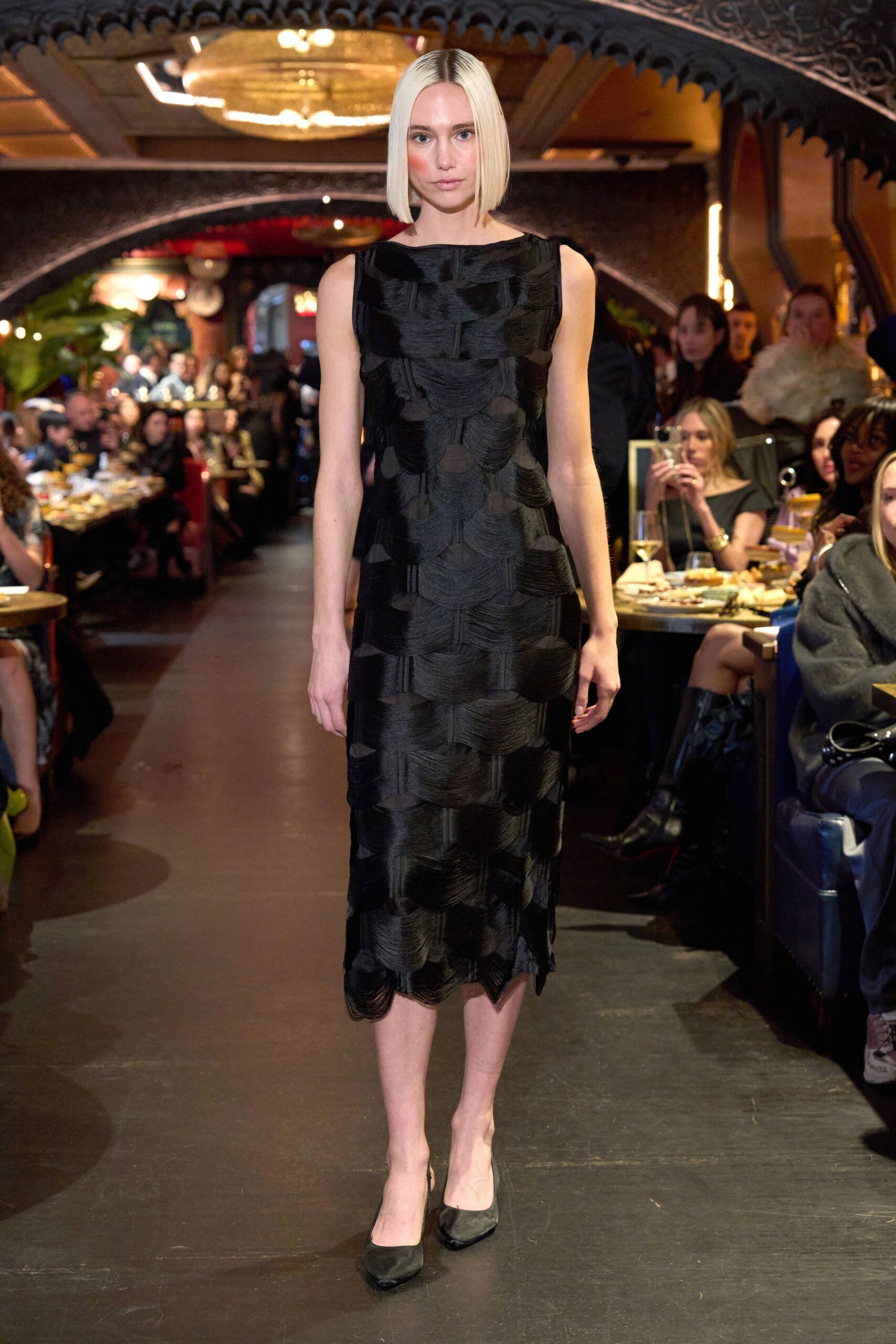 black silk sleeveless high-neck fitted layered textured dress