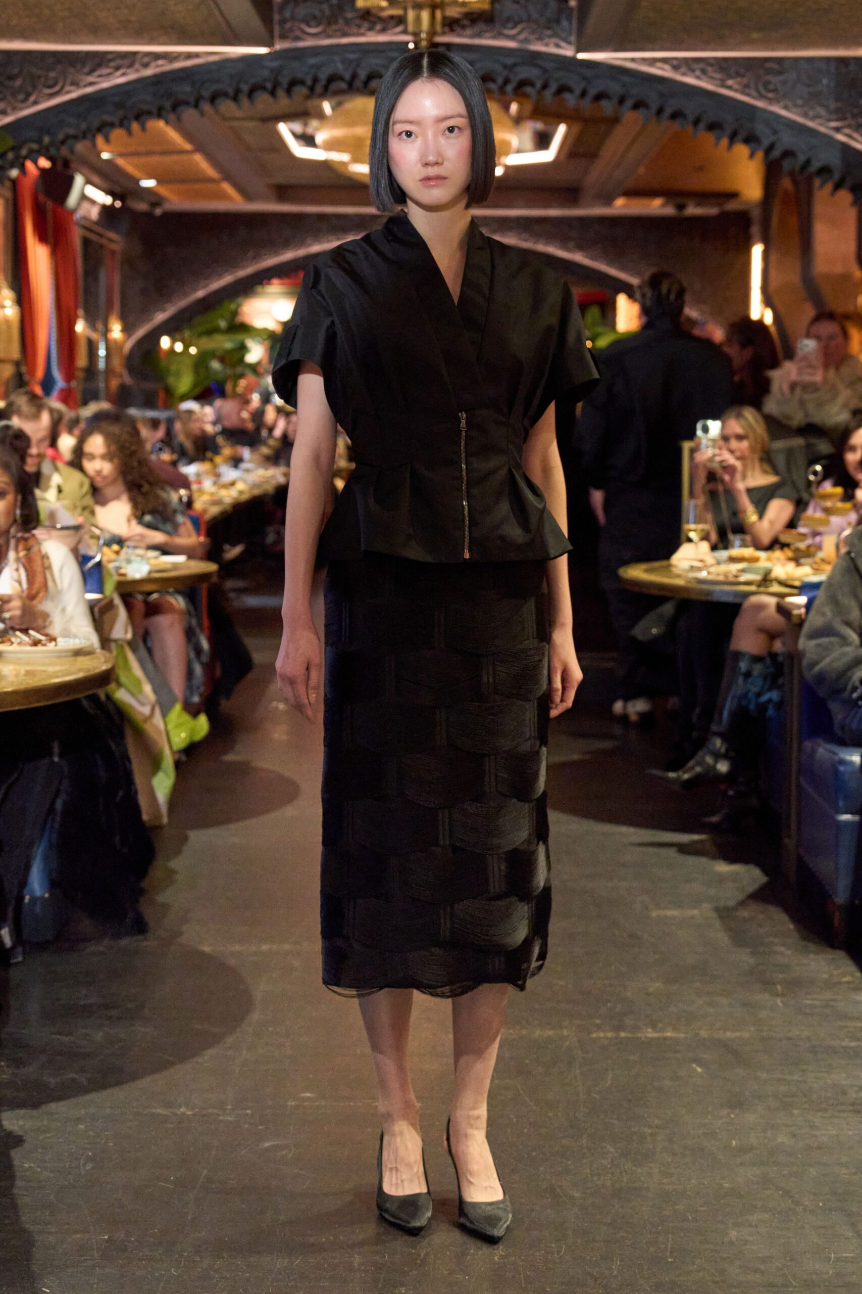 black silk short-sleeve v-neck fitted flared top