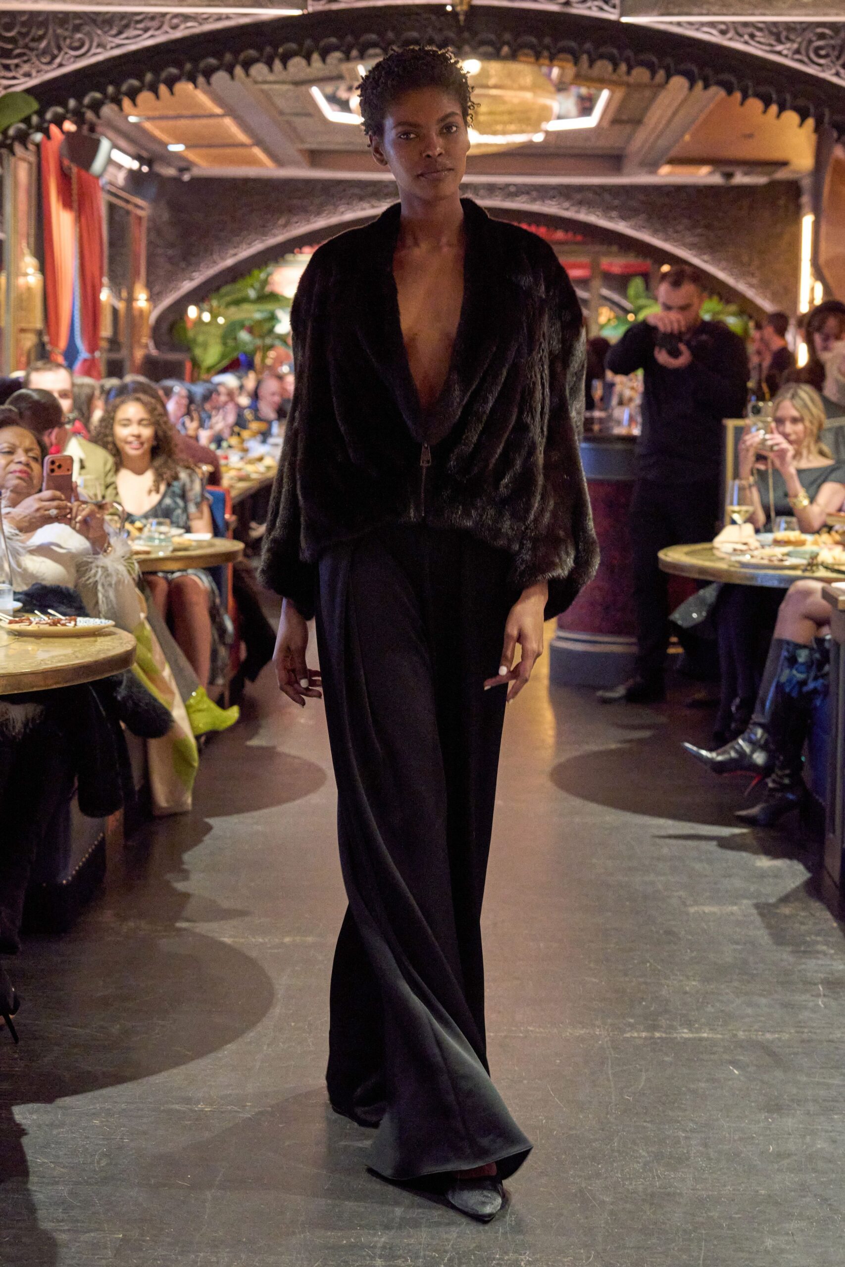 black faux-fur long-sleeve v-neck relaxed top