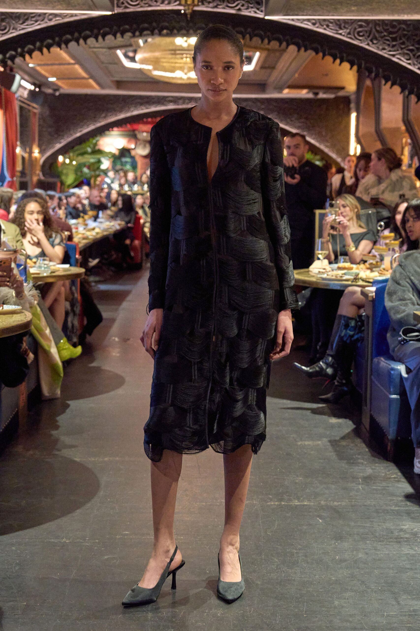black silk long-sleeve collared fitted layered pleated dress