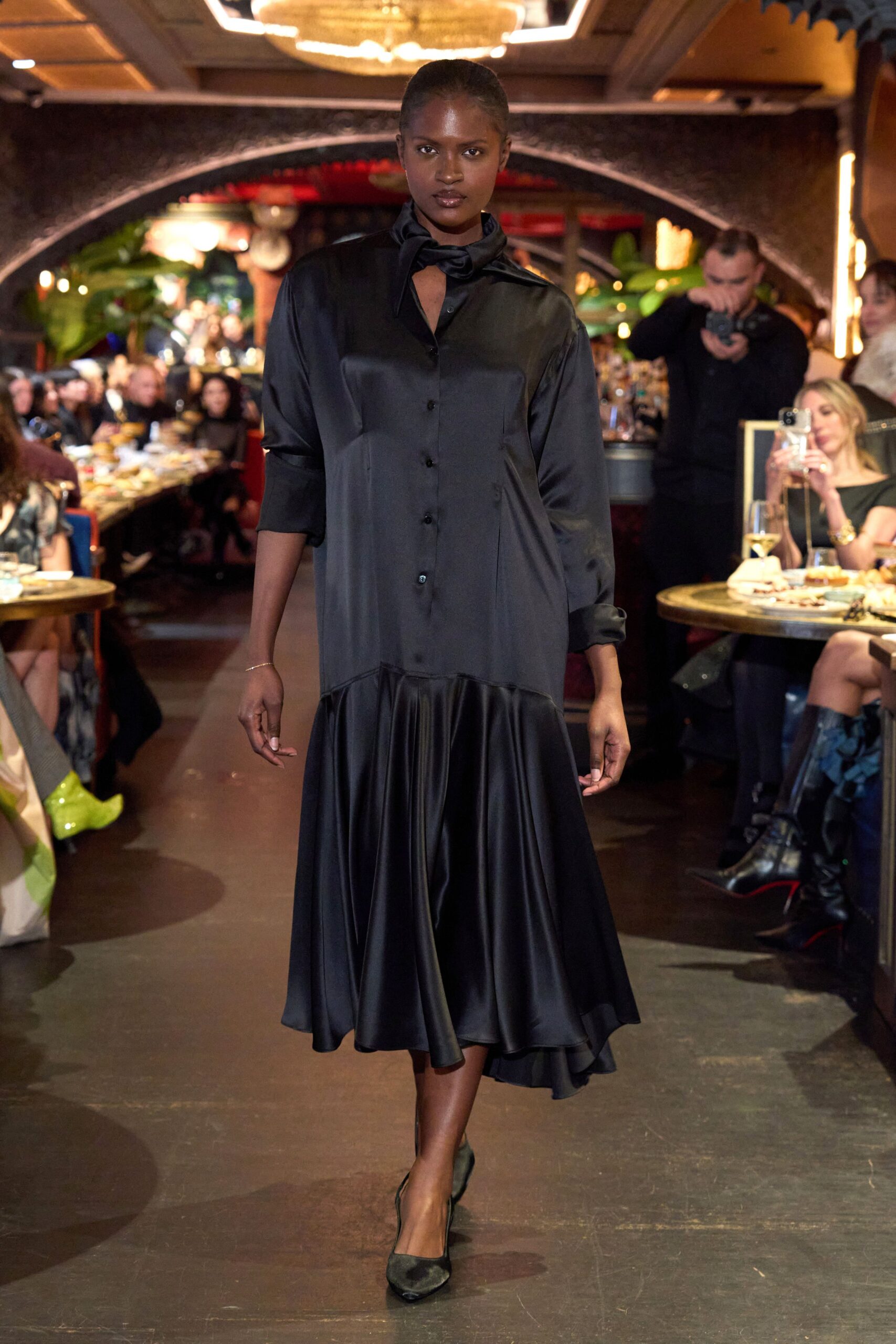 black silk long-sleeve collared fitted buttoned pleated dress