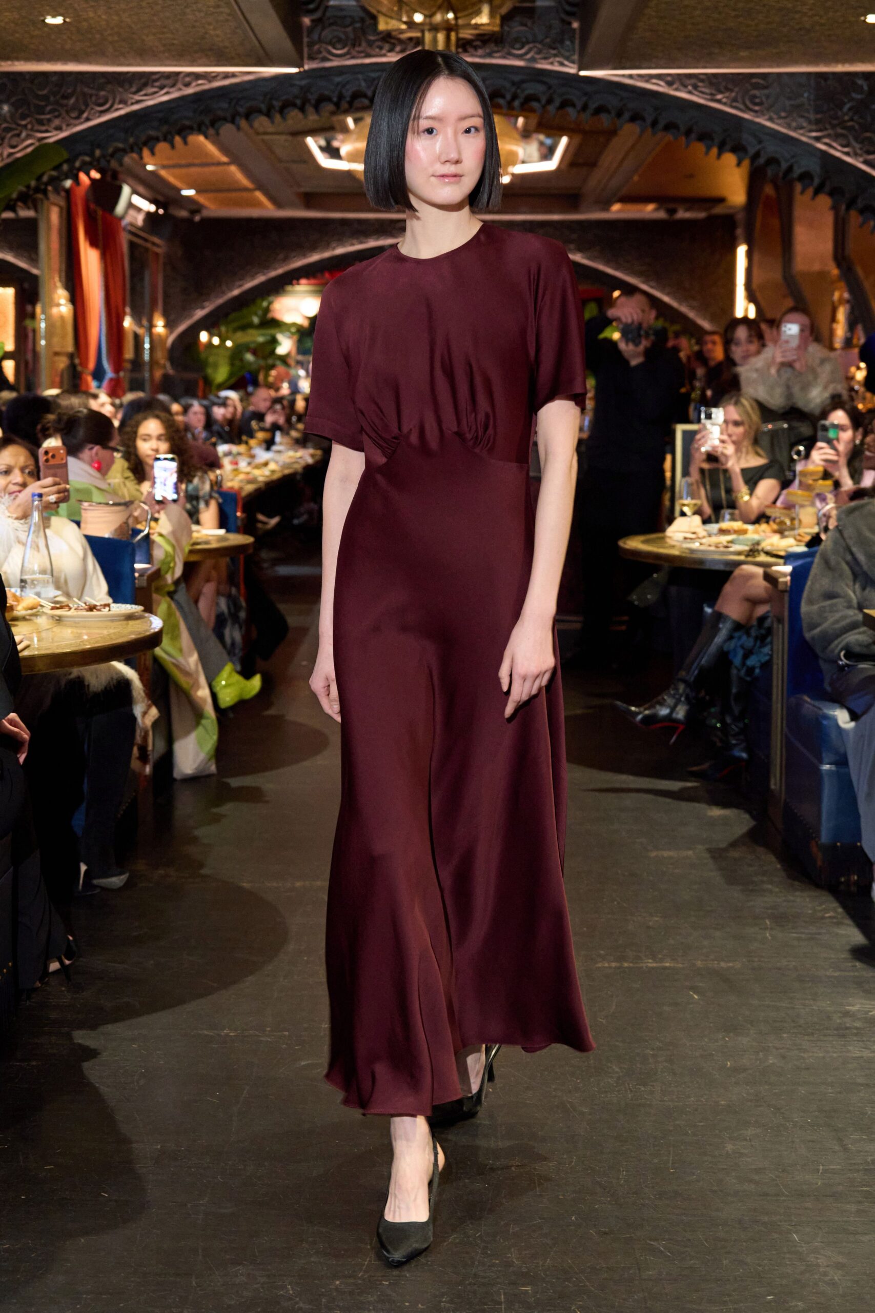 maroon silk short-sleeve v-neck fitted draped flowing dress
