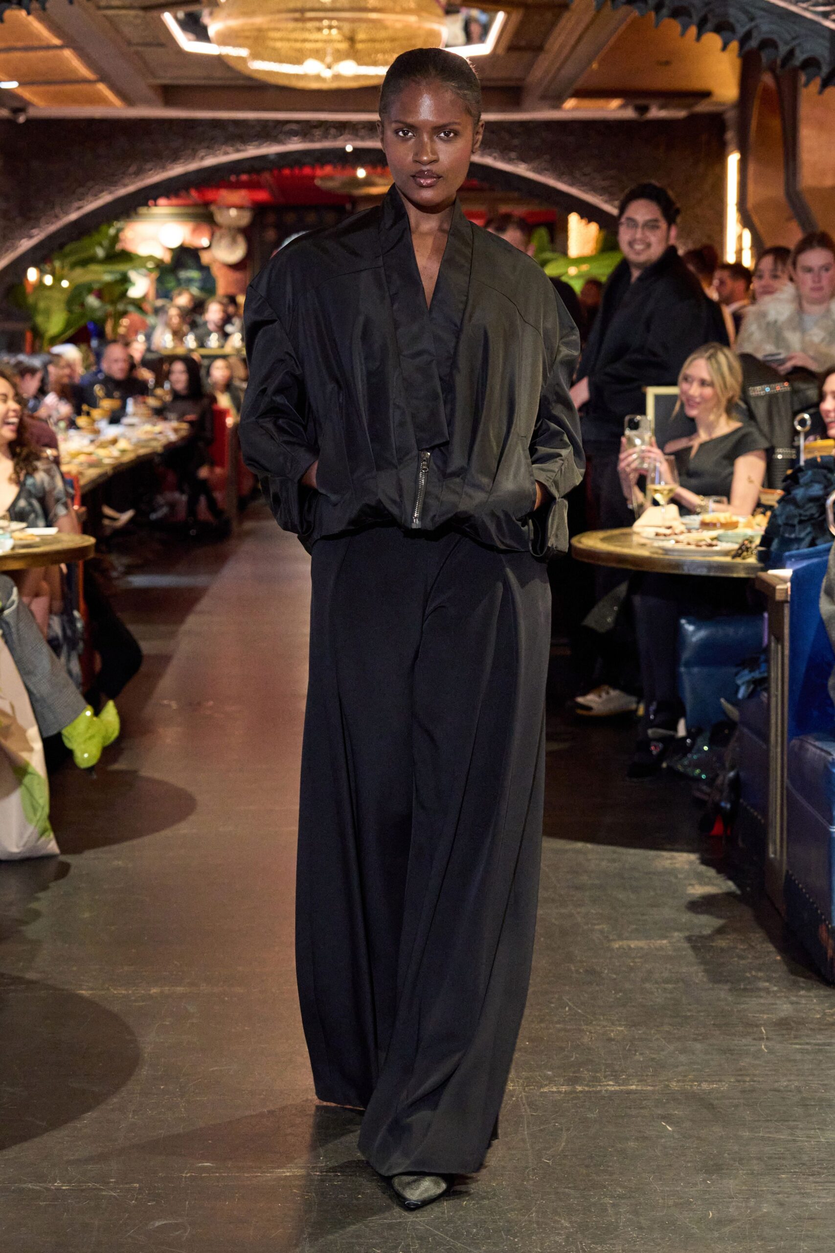 black silk long-sleeve collared relaxed zippered jacket