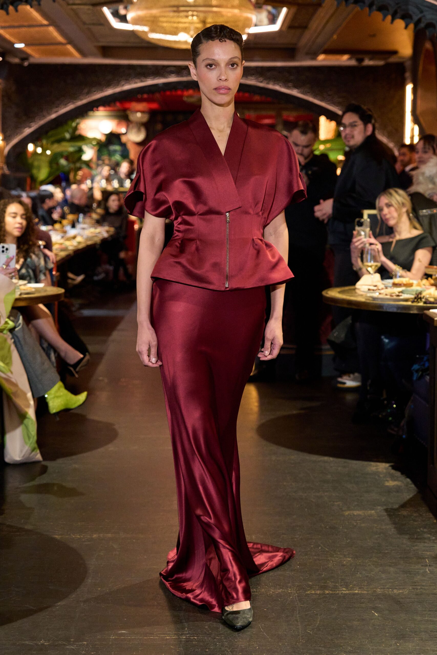 red satin short-sleeve v-neck fitted flared zippered gown