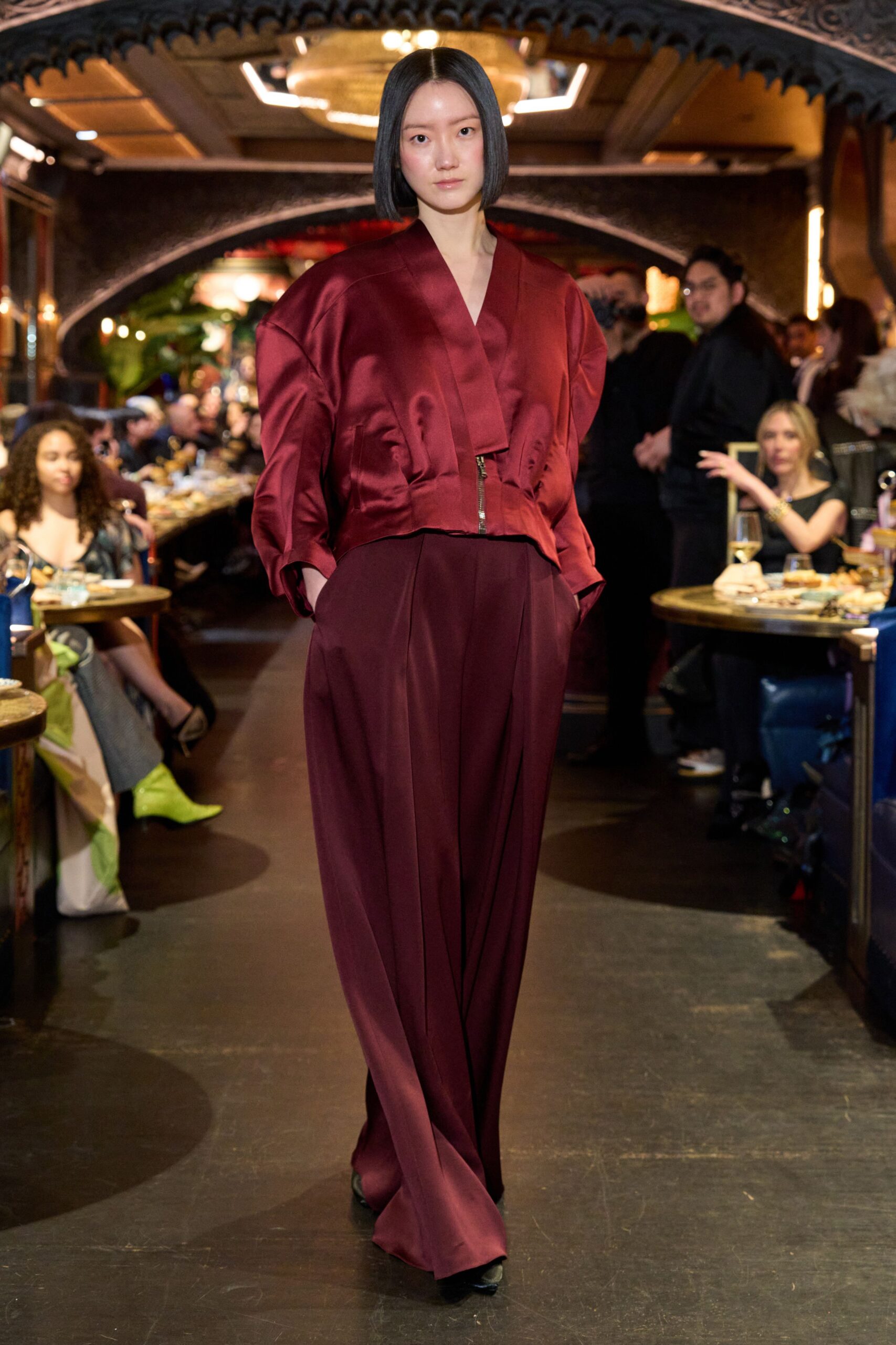 red silk long-sleeve collared relaxed zippered pockets blazer