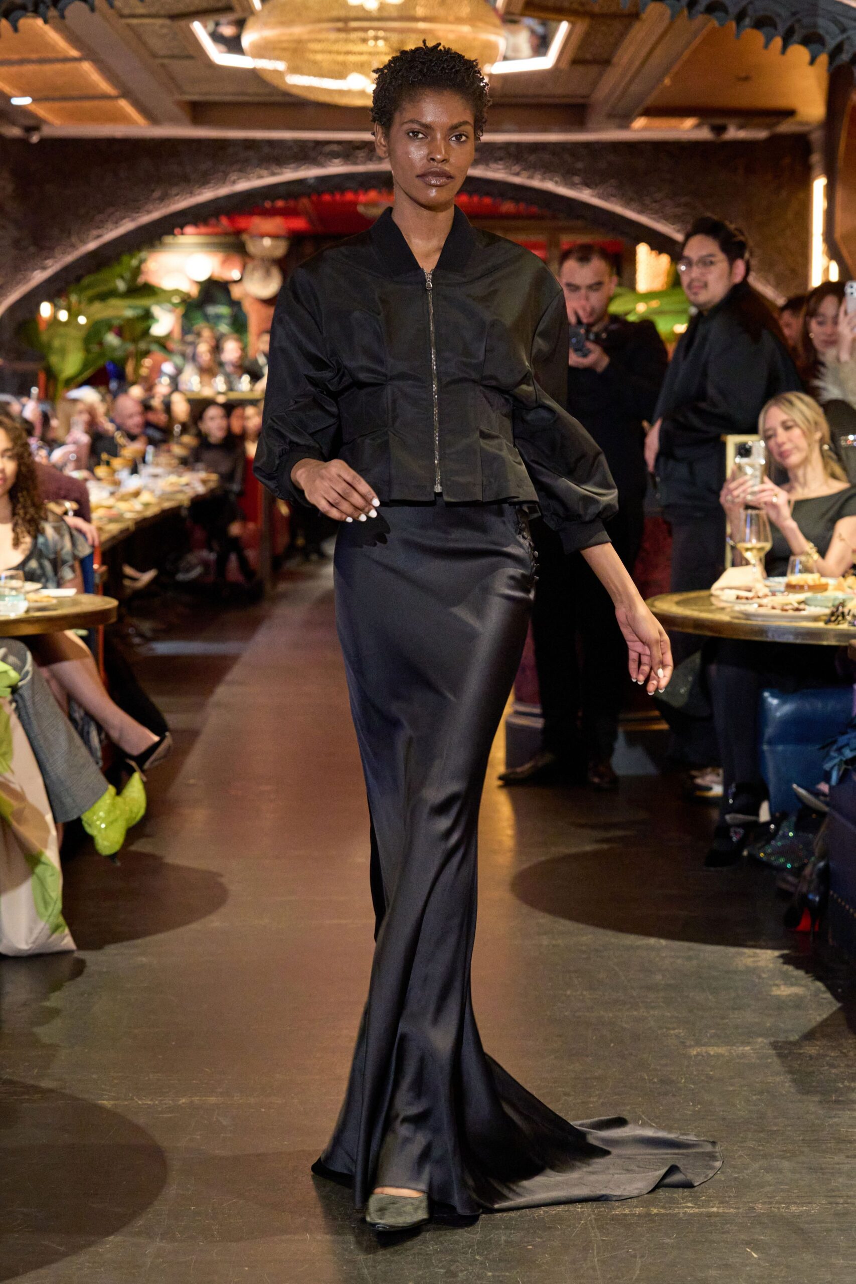 black silk fitted high-waisted straight-leg flowing maxi skirt