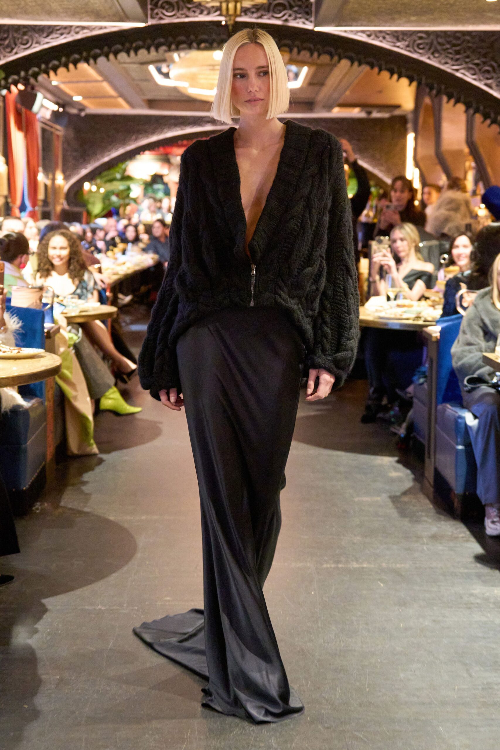 black silk sleeveless fitted straight-leg flowing maxi gown