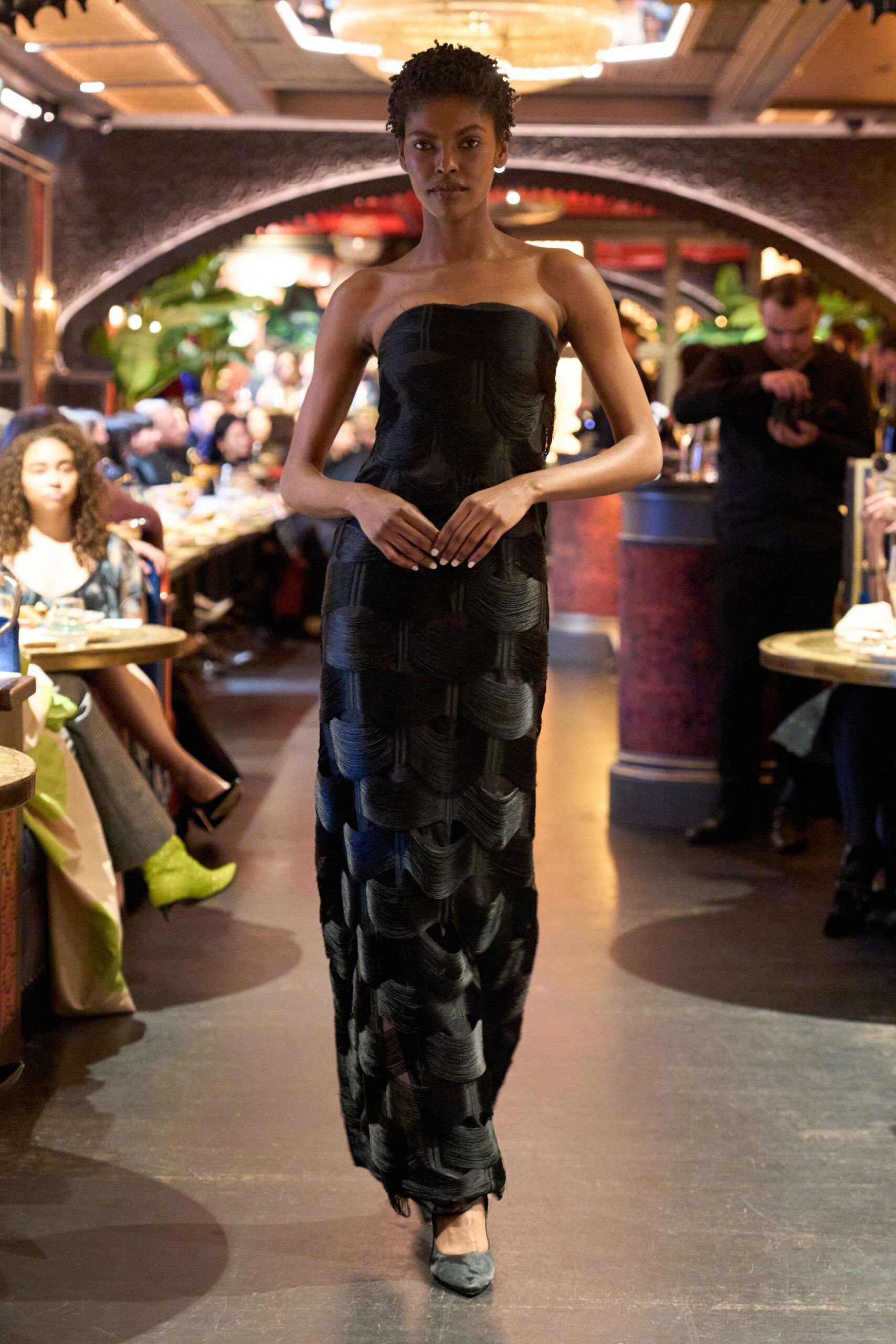 black silk strapless fitted pleated maxi gown