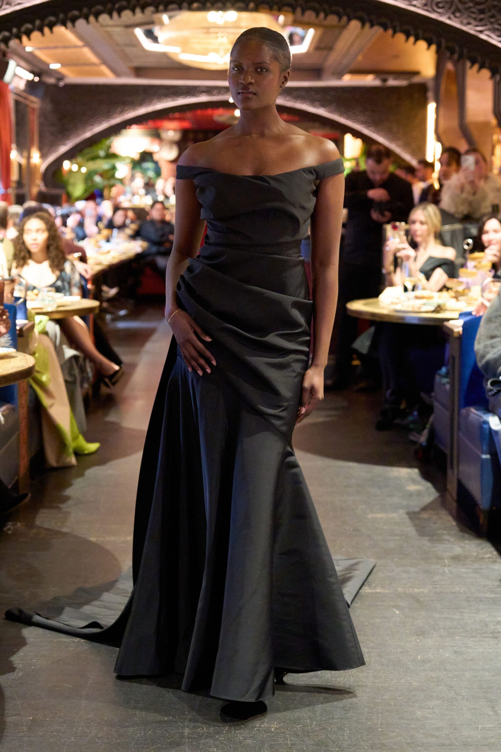 black silk off-shoulder gown