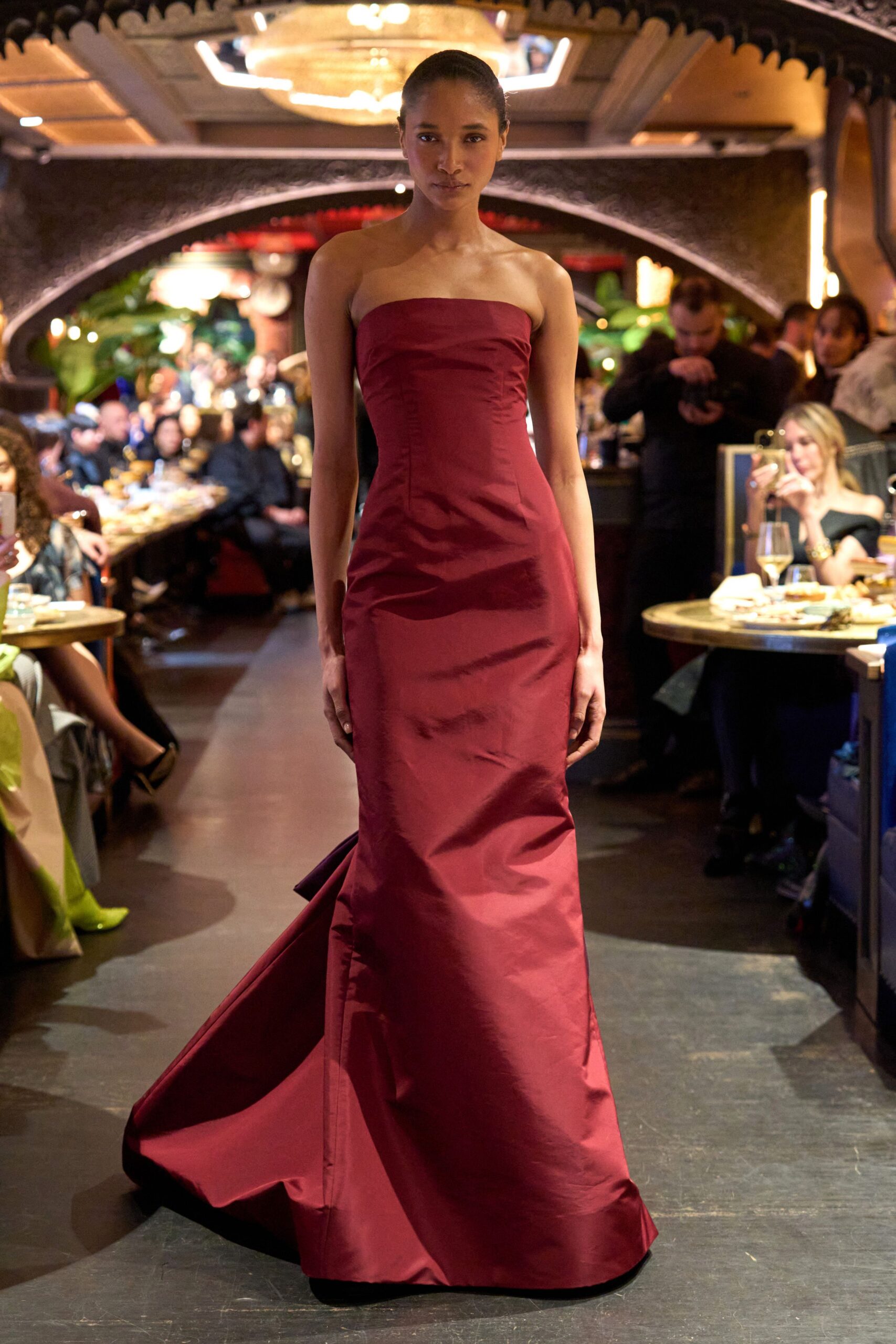 fitted strapless maroon gown