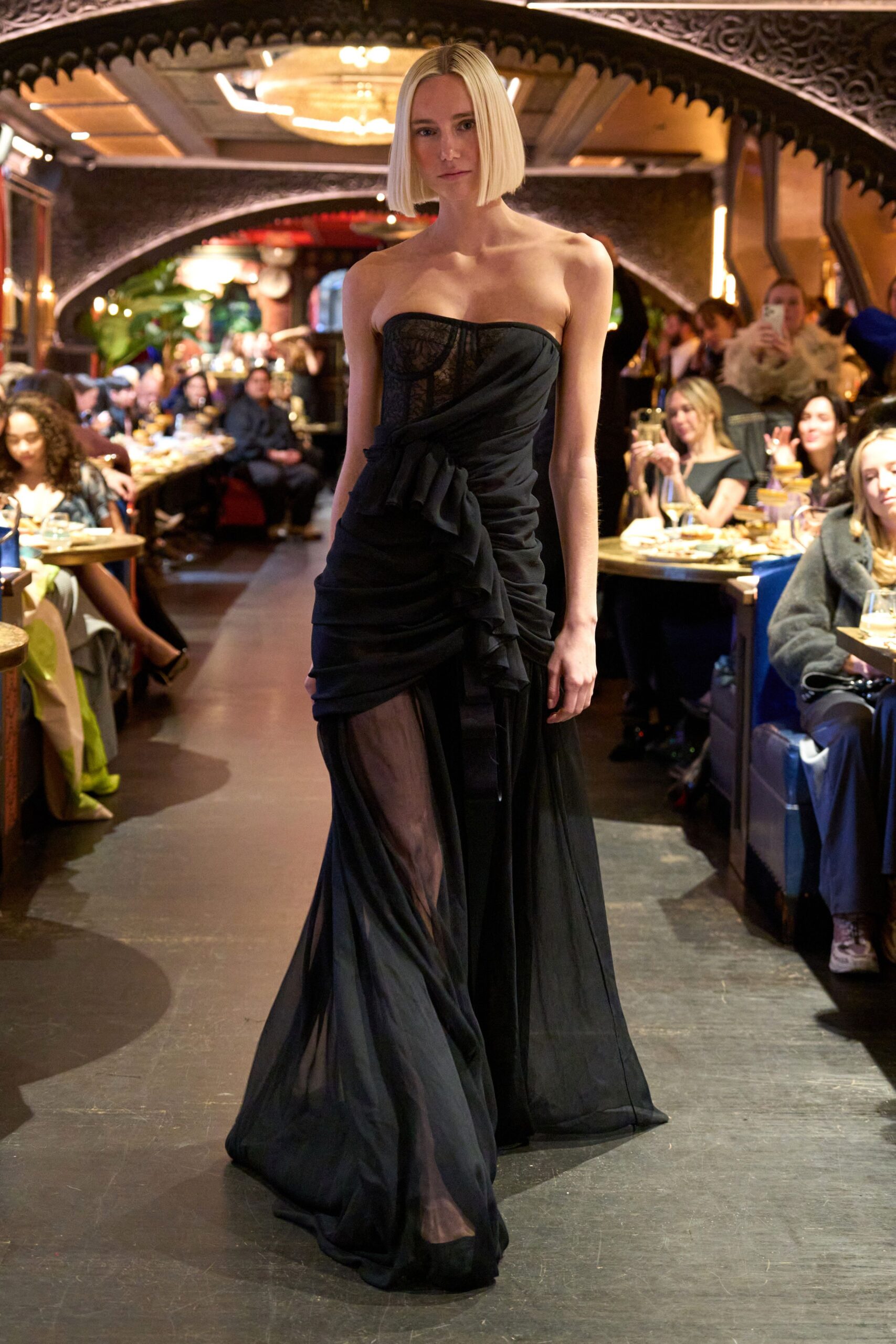 black silk strapless gown