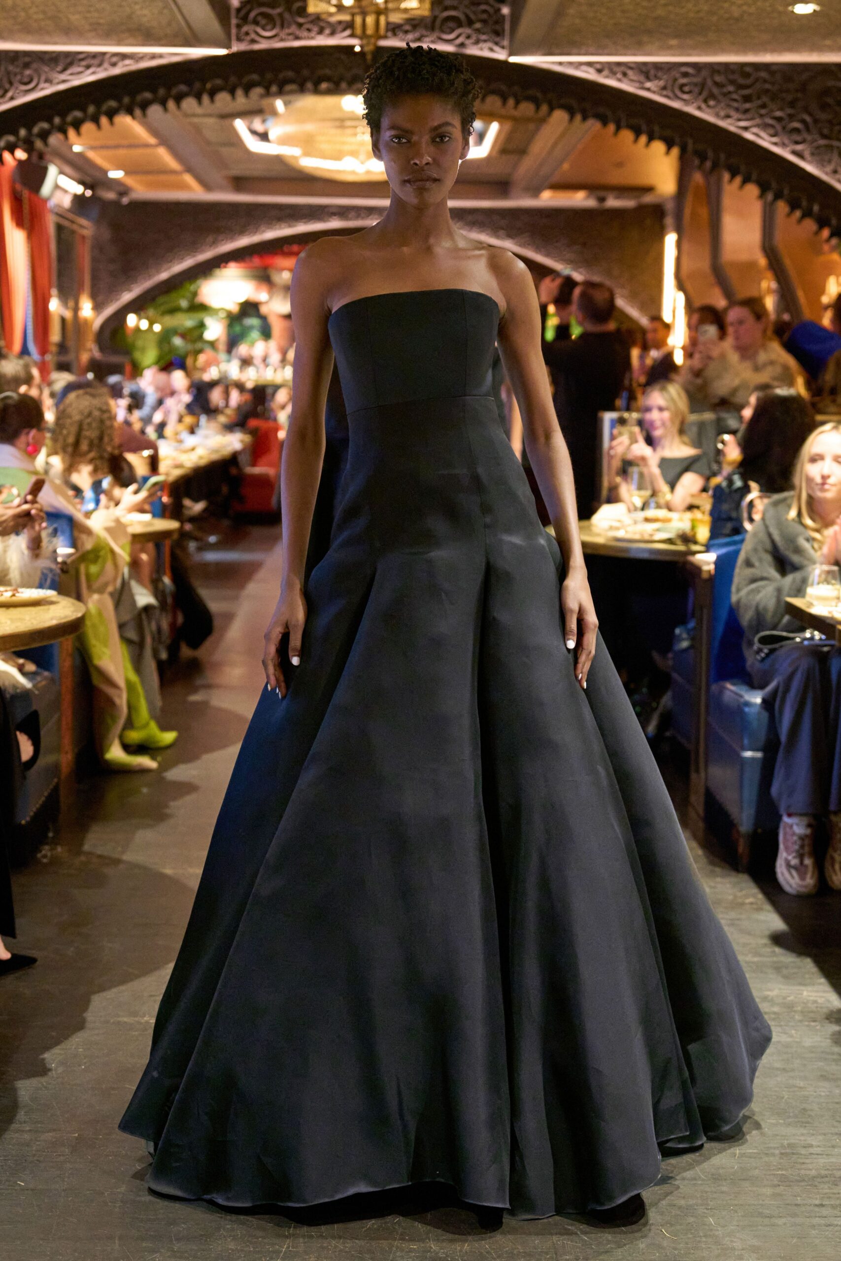 black silk strapless gown