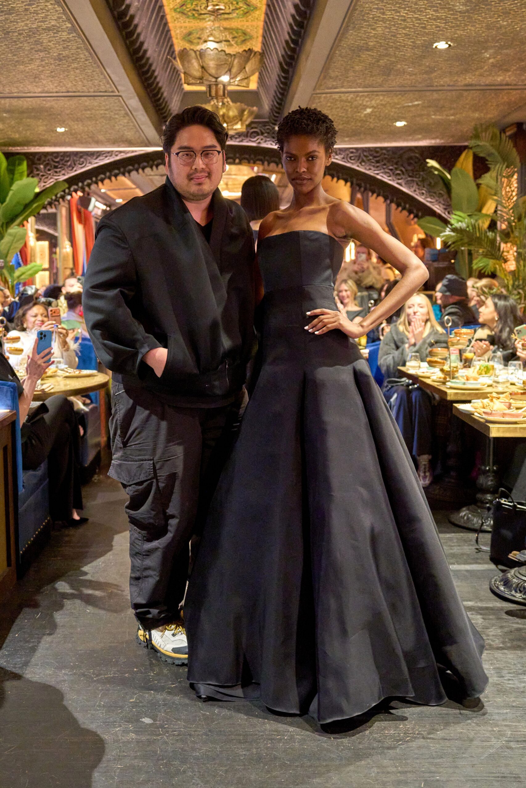 black silk sleeveless gown