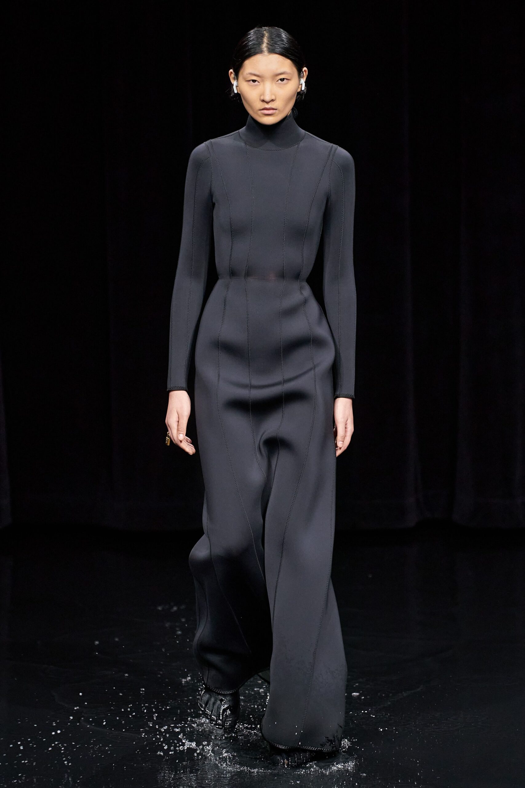 black neoprene long-sleeve high-neck fitted structured sheer gown
