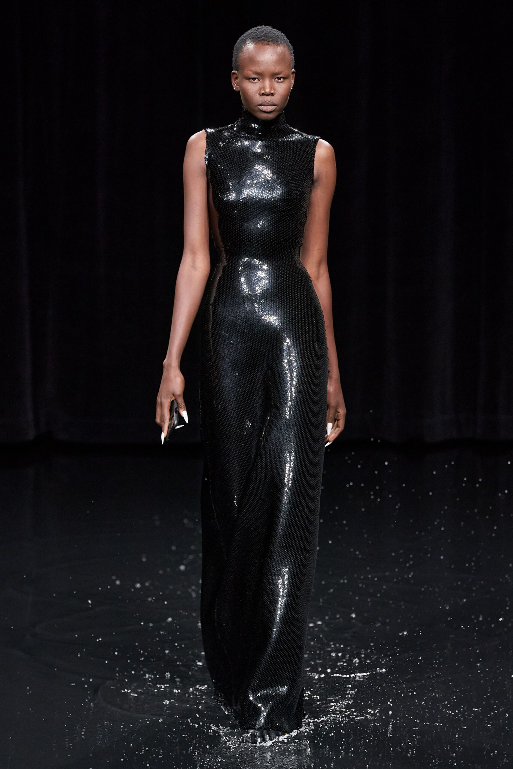 black shiny sleeveless gown