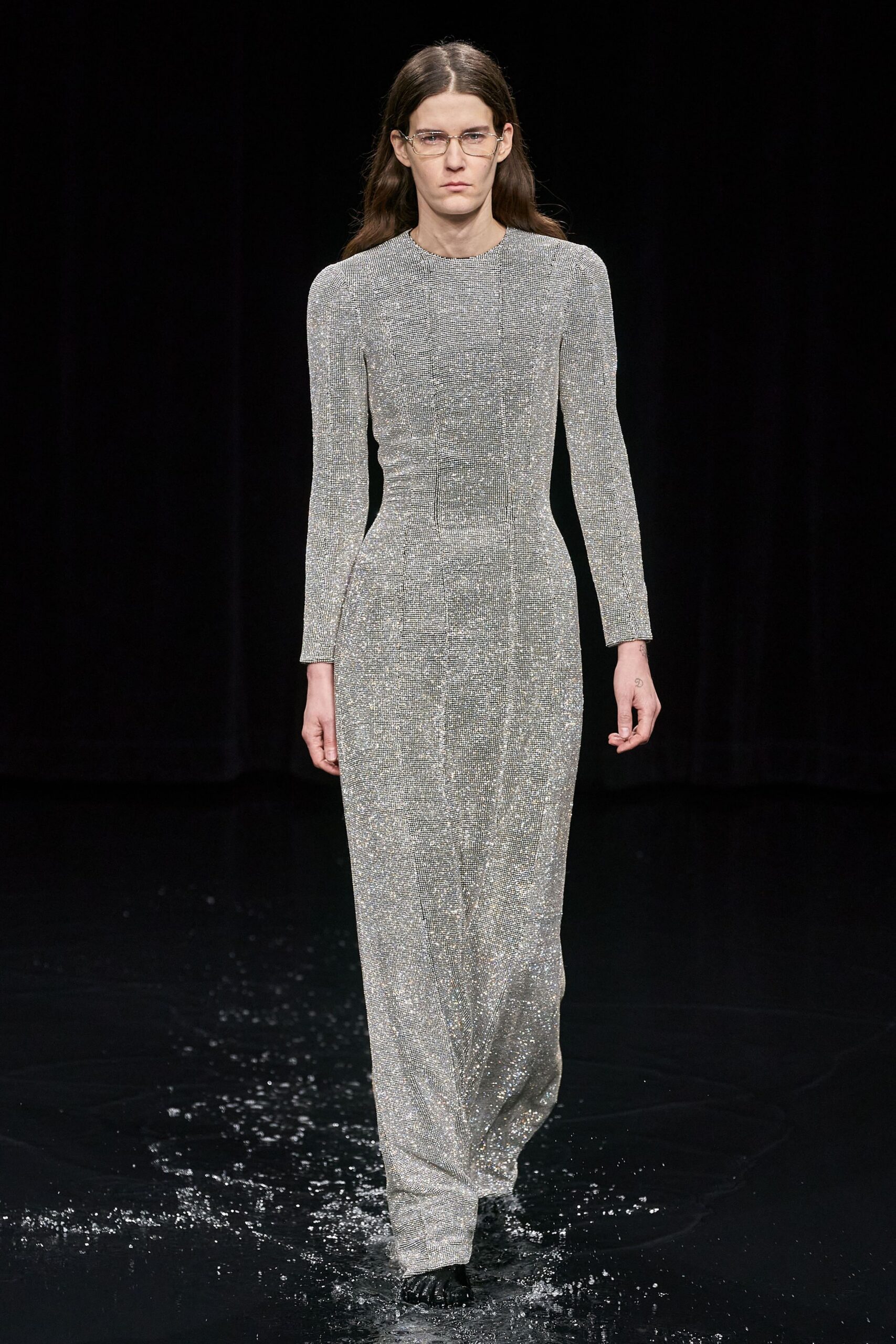 gray metallic long-sleeve high-neck fitted sequined shiny gown