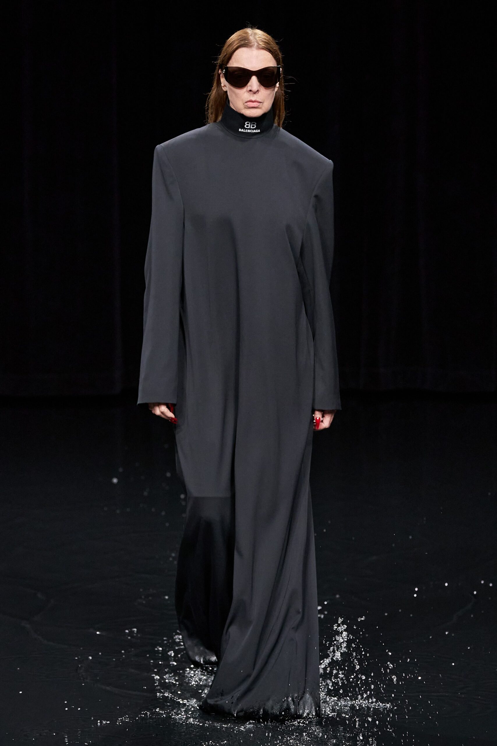 black silk long-sleeve high-neck oversized straight-leg flowing dress