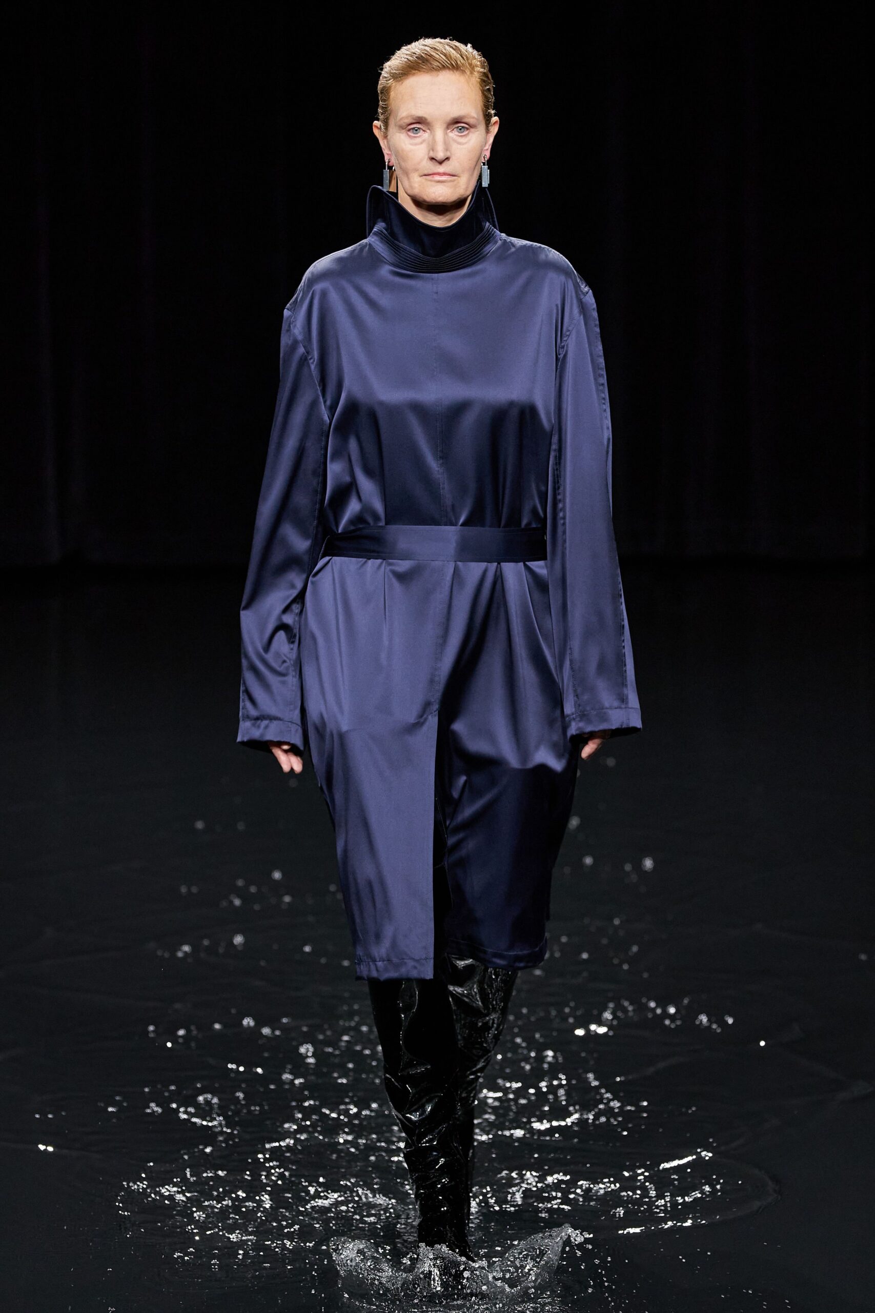 blue satin long-sleeve high-neck relaxed zippered shiny jumpsuit