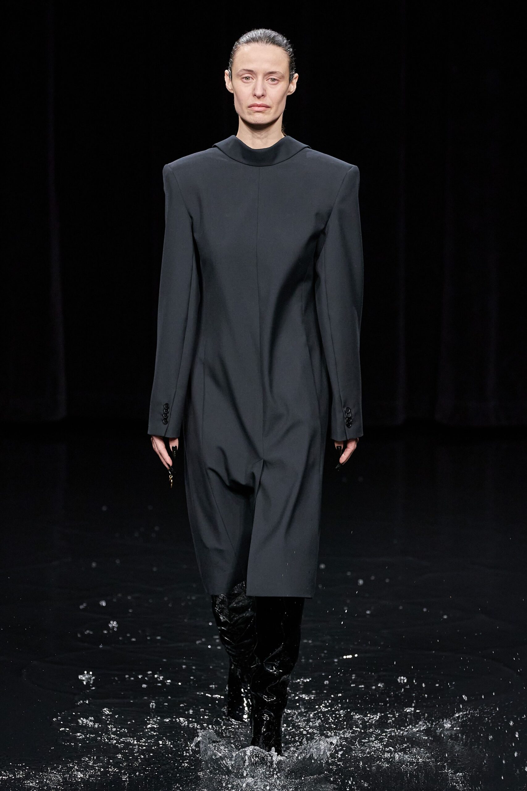 black wool long-sleeve high-neck relaxed structured midi dress