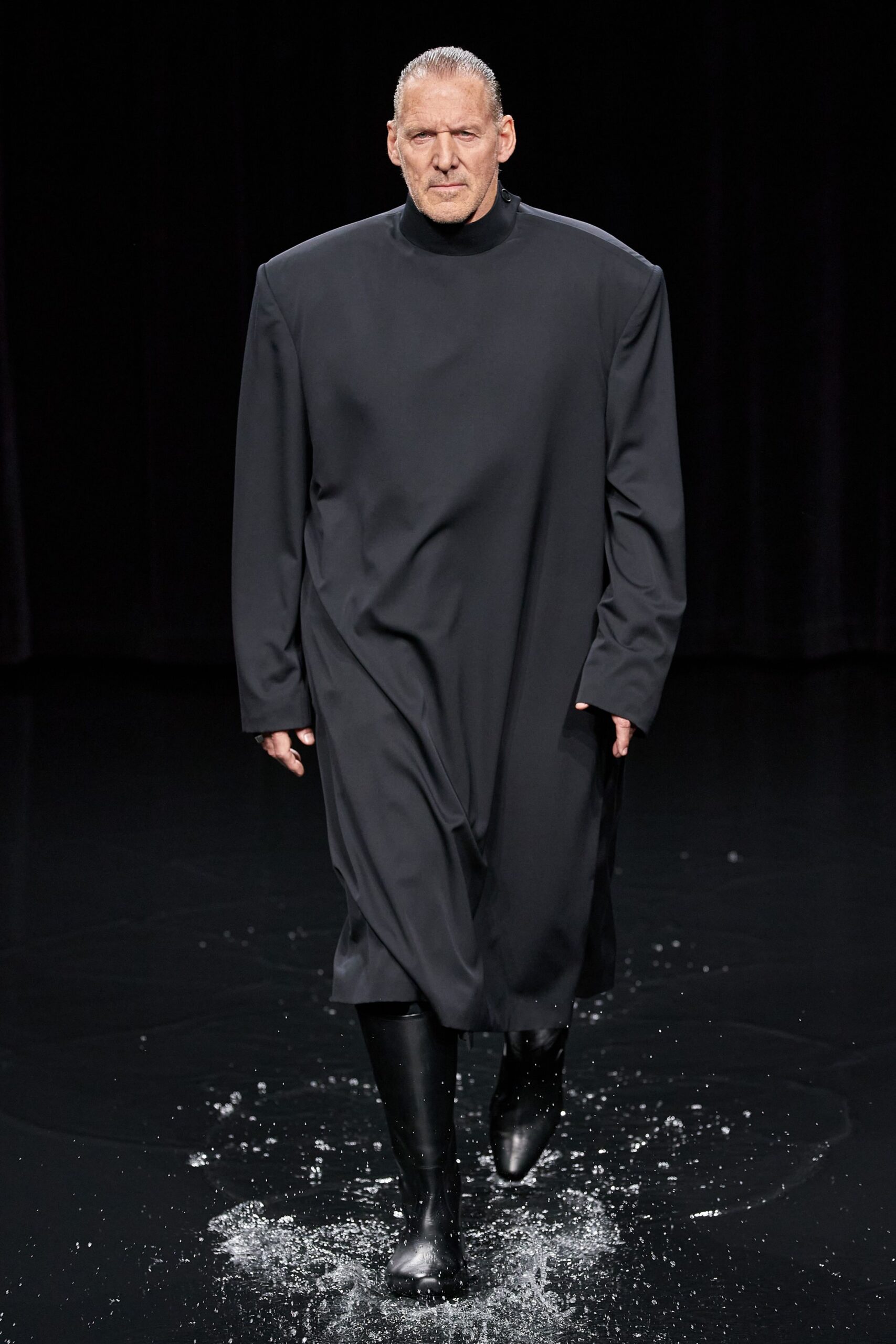 black cotton long-sleeve high-neck oversized draped midi dress