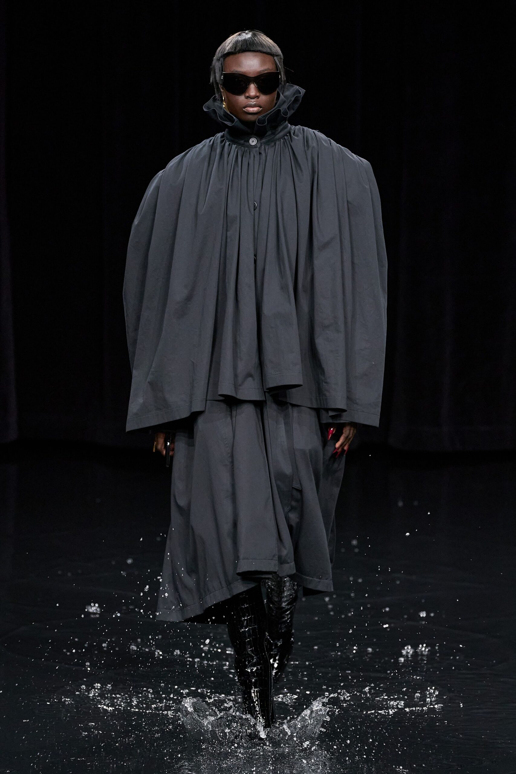 black cotton long-sleeve collared oversized draped cape