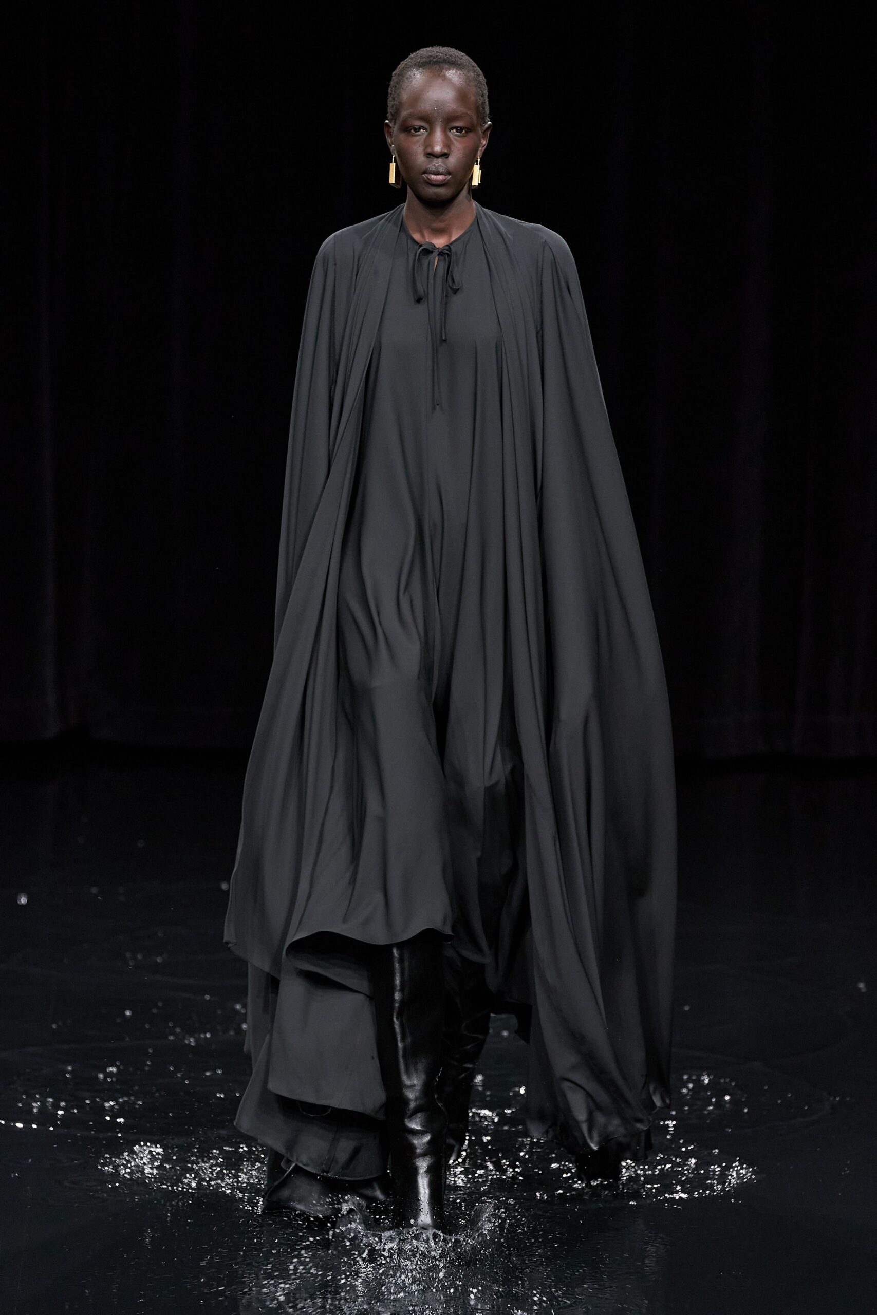 black silk long-sleeve high-neck relaxed draped flowing gown