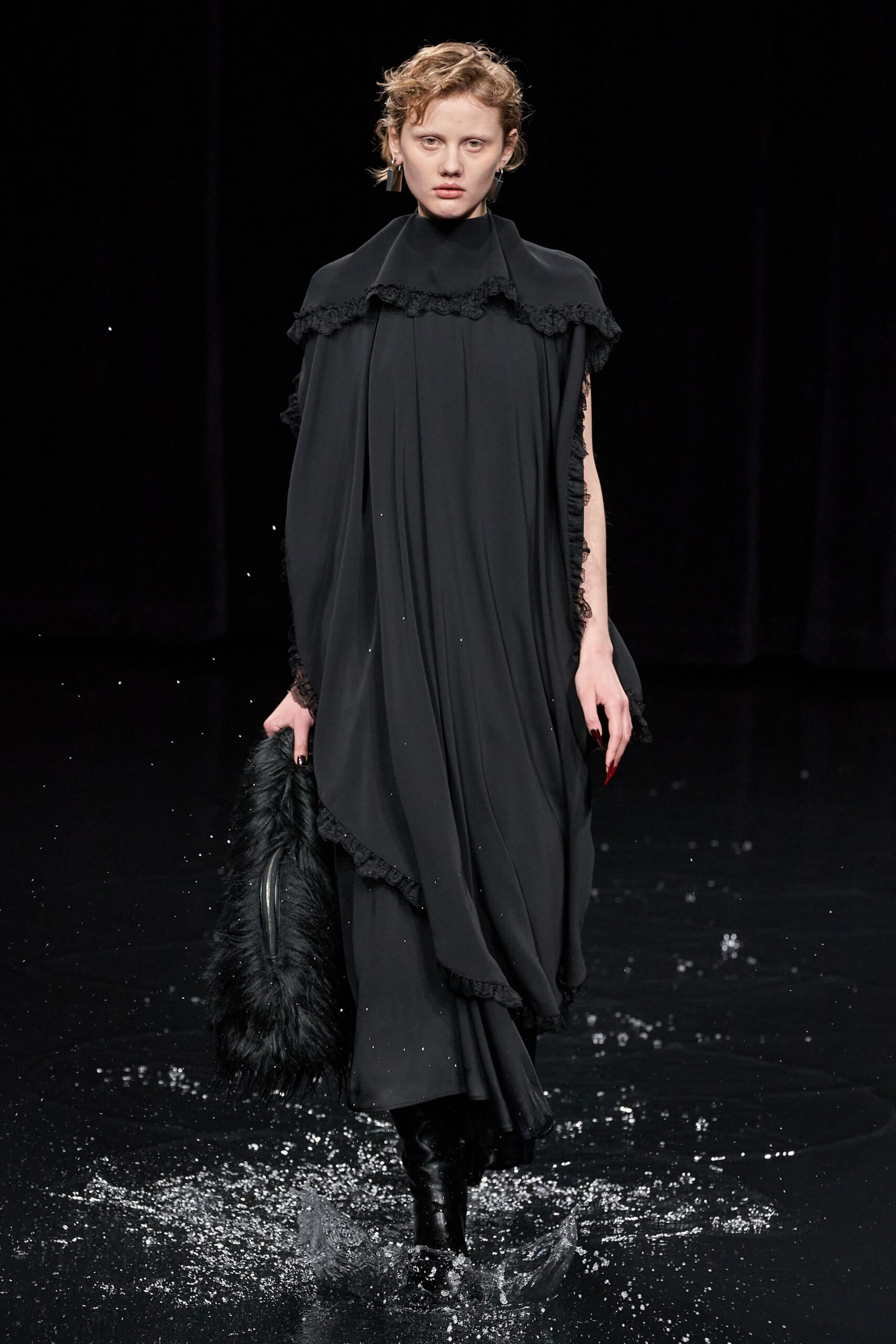 black silk sleeveless relaxed draped fringed flowing dress