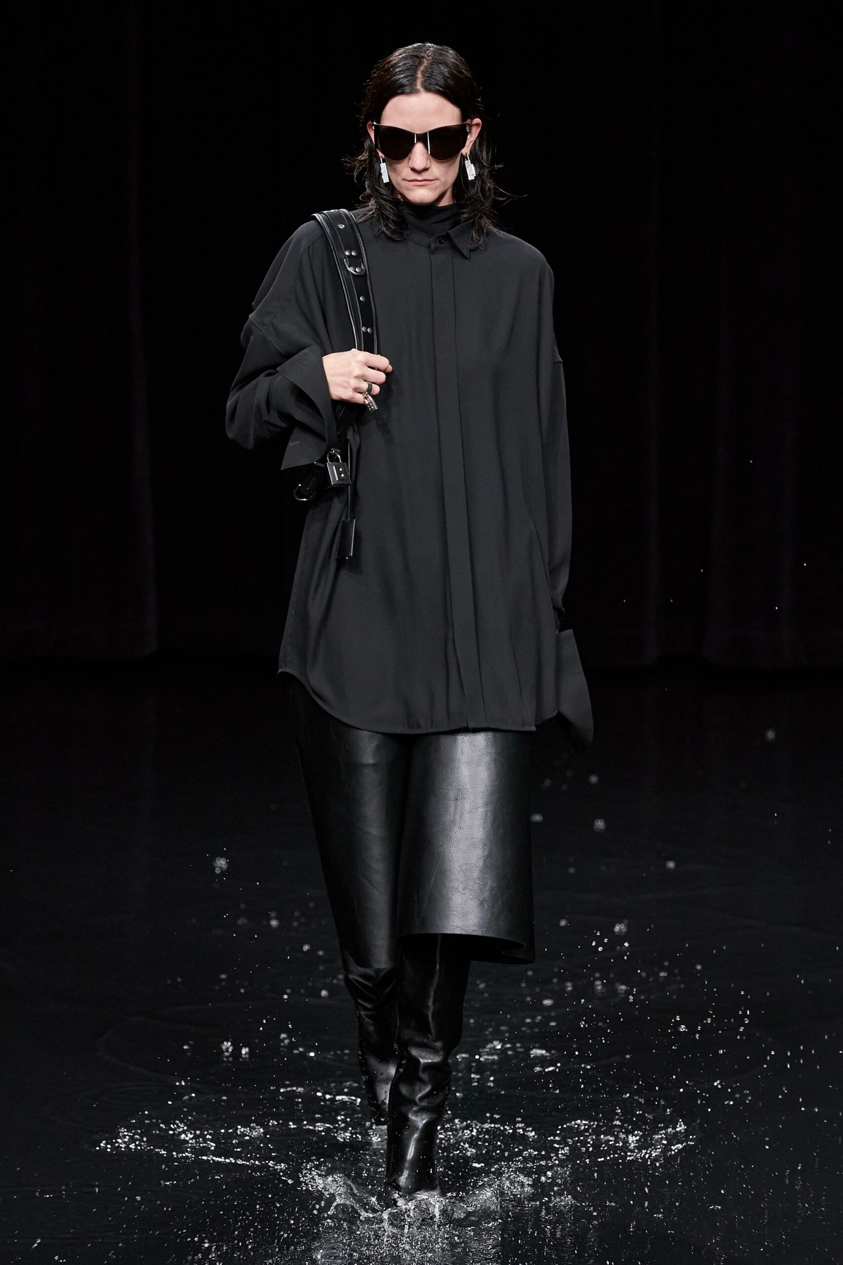 black oversized shirt with leather pants
