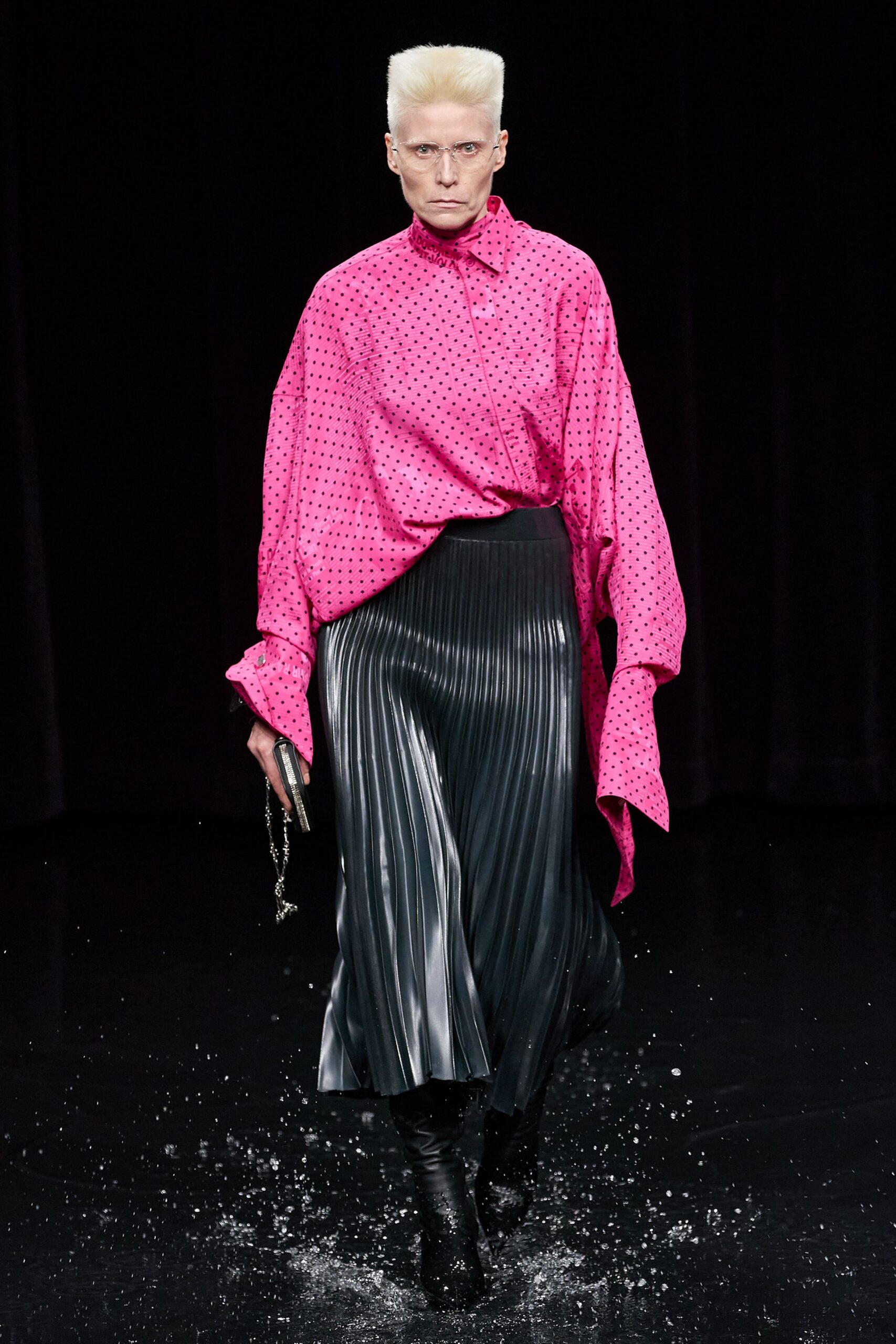 pink silk long-sleeve collared relaxed polka-dot shirt