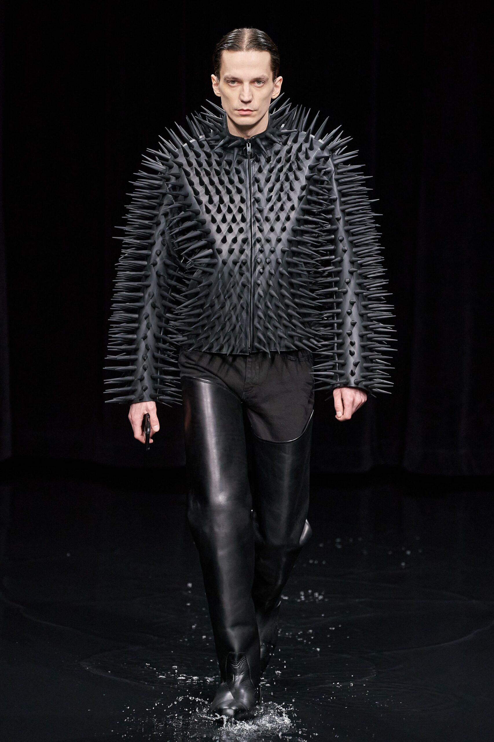 black leather long-sleeve collared fitted spiked jacket