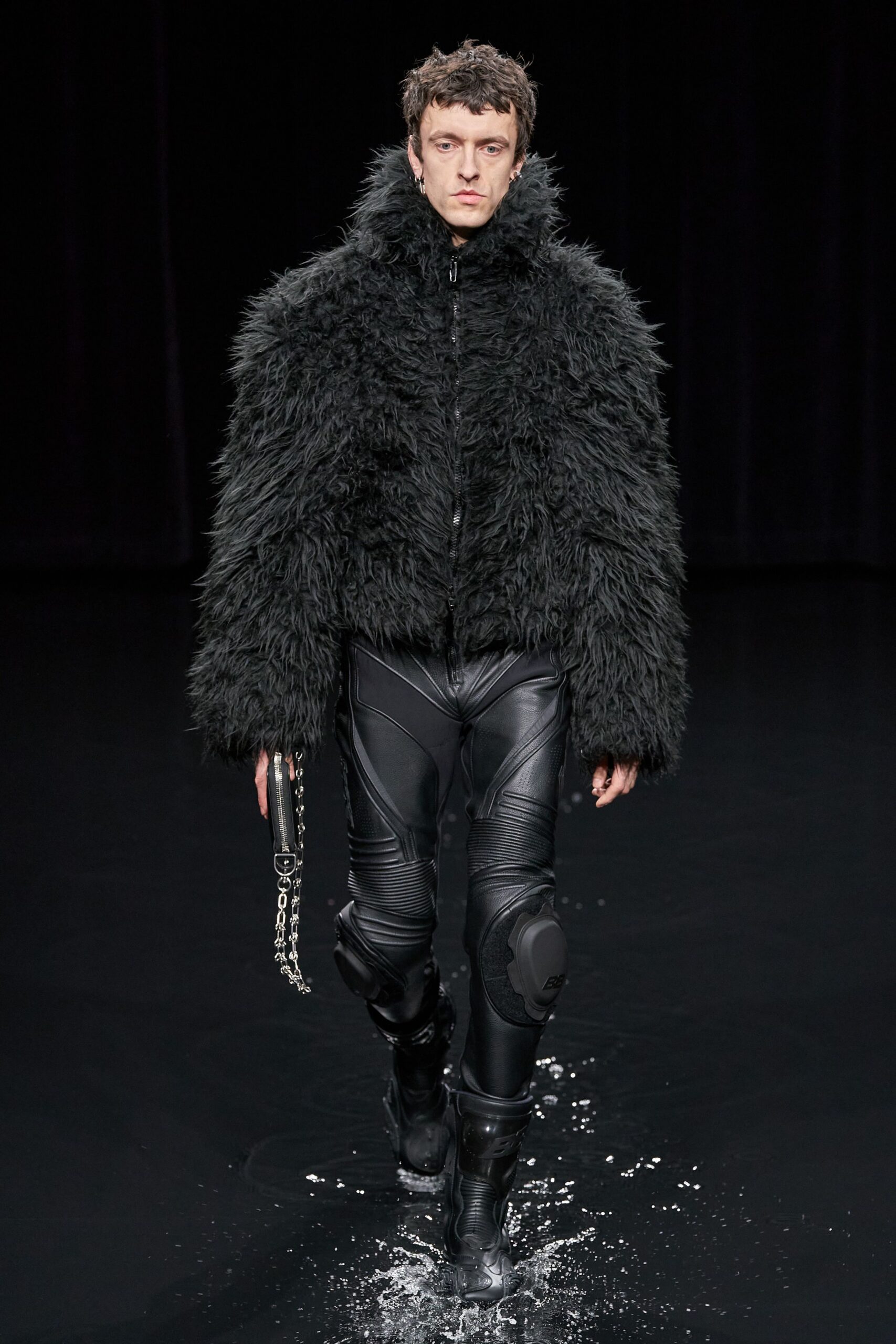 black faux-fur long-sleeve collared relaxed textured jacket