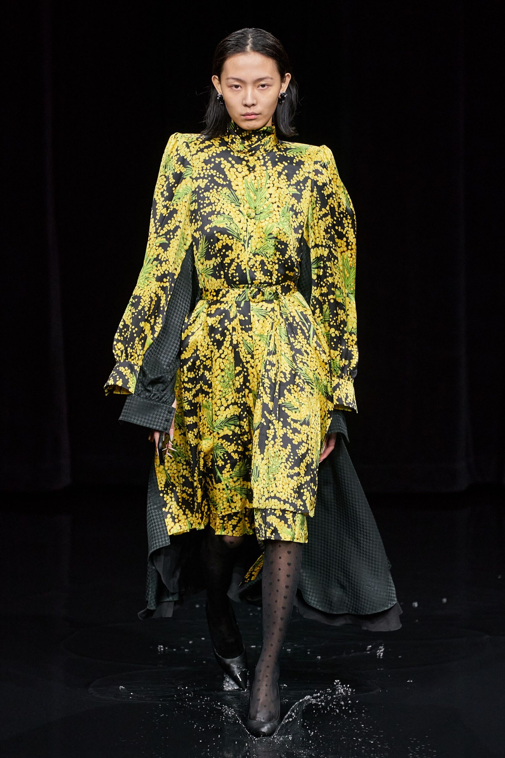 yellow silk long-sleeve high-neck fitted pleated printed dress