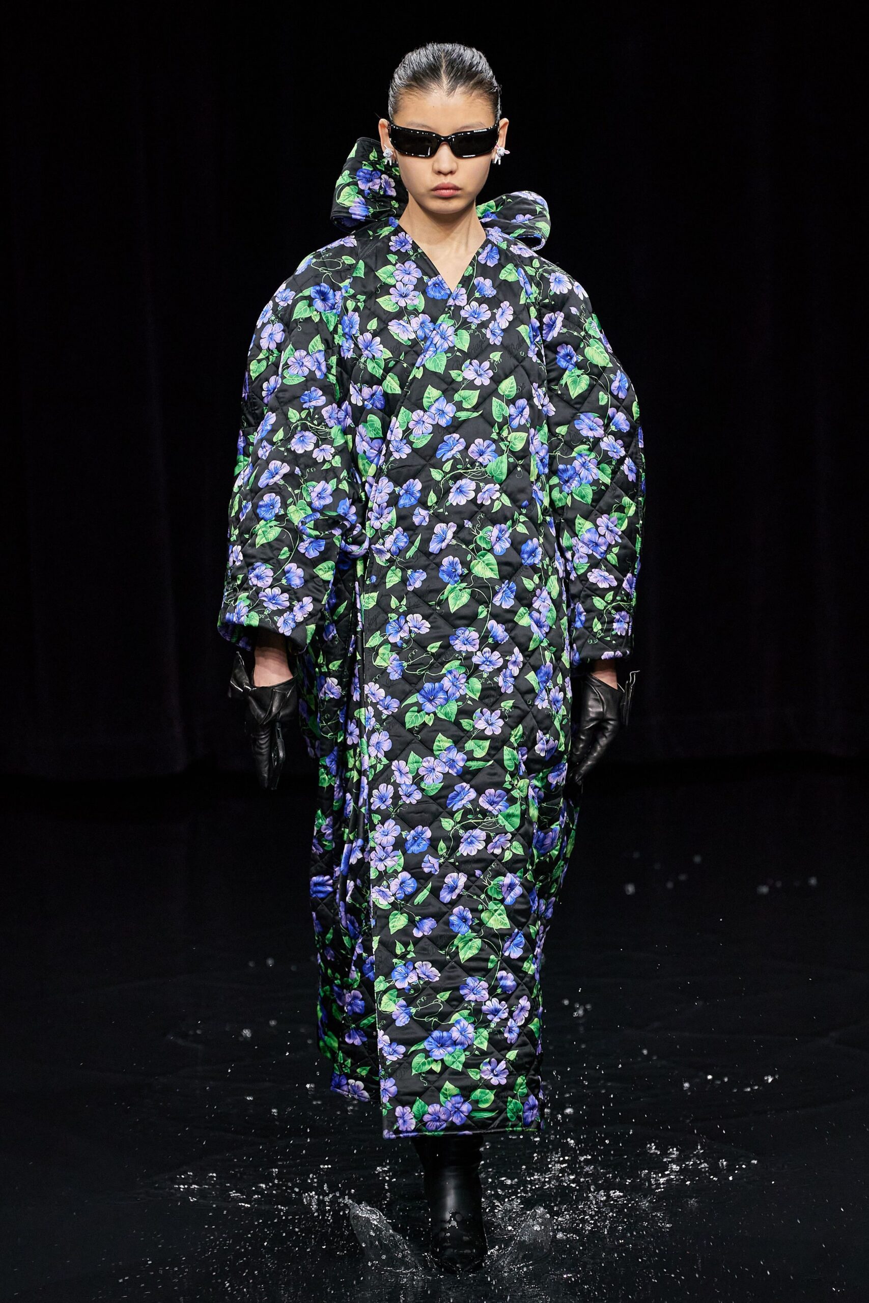 black cotton long-sleeve relaxed floral padded maxi coat